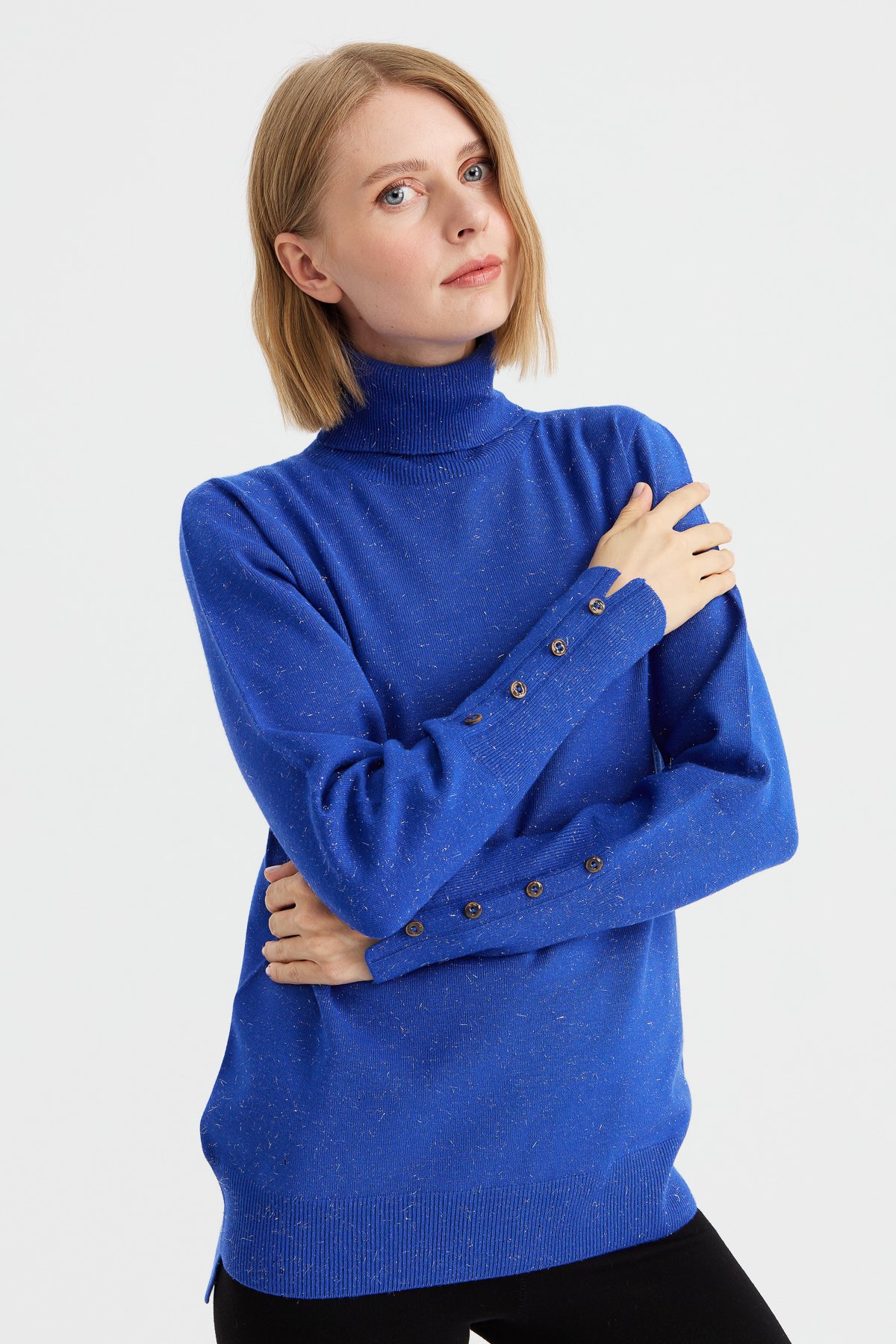 22330Kadın Tam Balıkçı Yaka Kol Ucu Yırtmaçlı Kazak S.Mavi