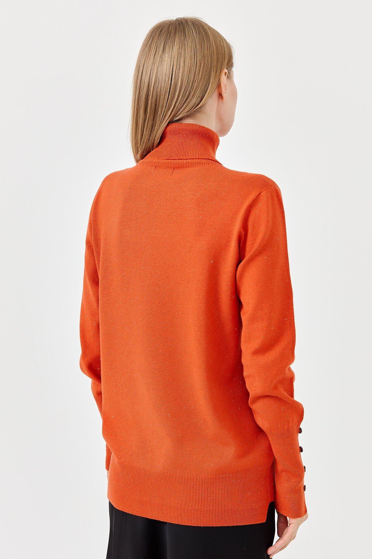 22330Kadın Tam Balıkçı Yaka Kol Ucu Yırtmaçlı Kazak Portakal