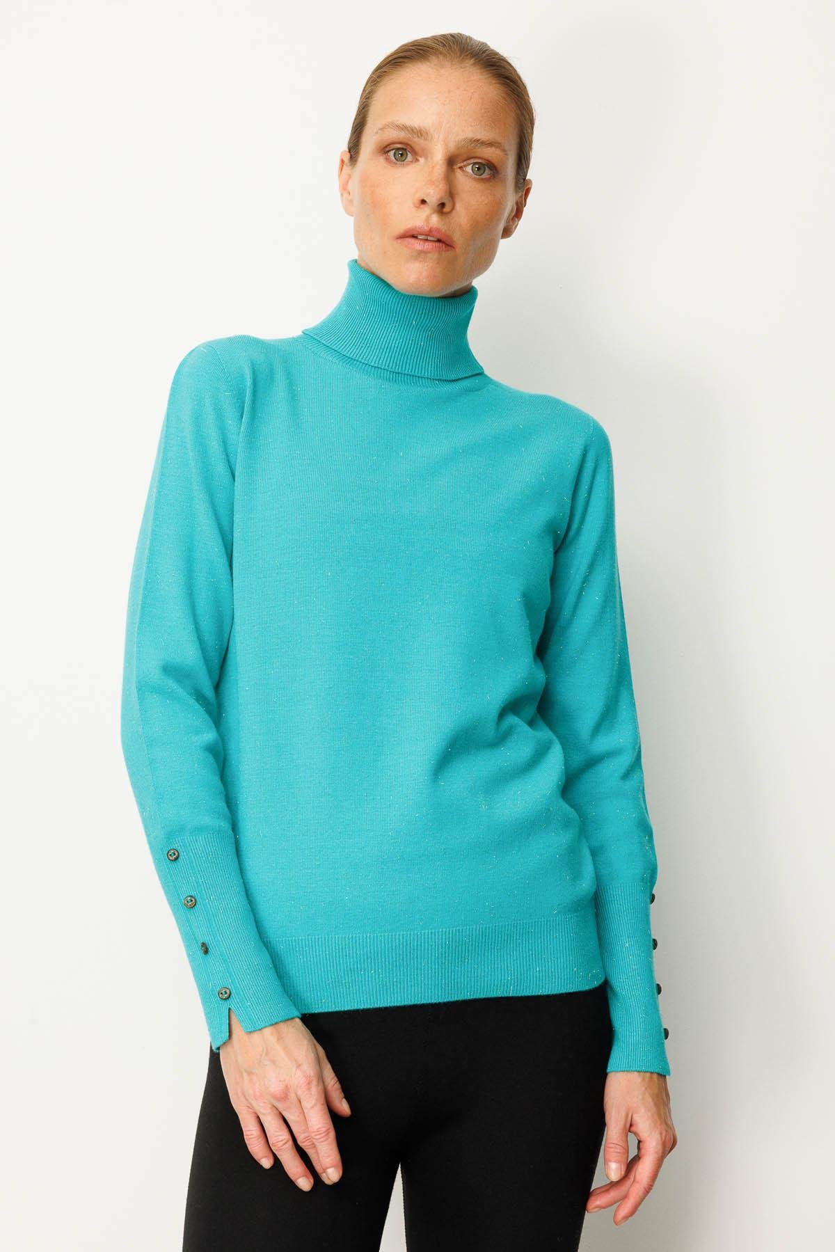 22330Kadın Tam Balıkçı Yaka Kol Ucu Yırtmaçlı Kazak S.Yeşili