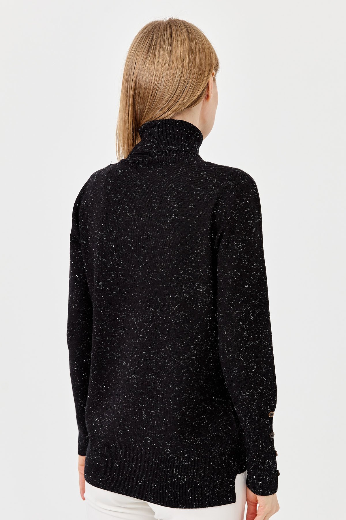 22330Kadın Tam Balıkçı Yaka Kol Ucu Yırtmaçlı Kazak Siyah