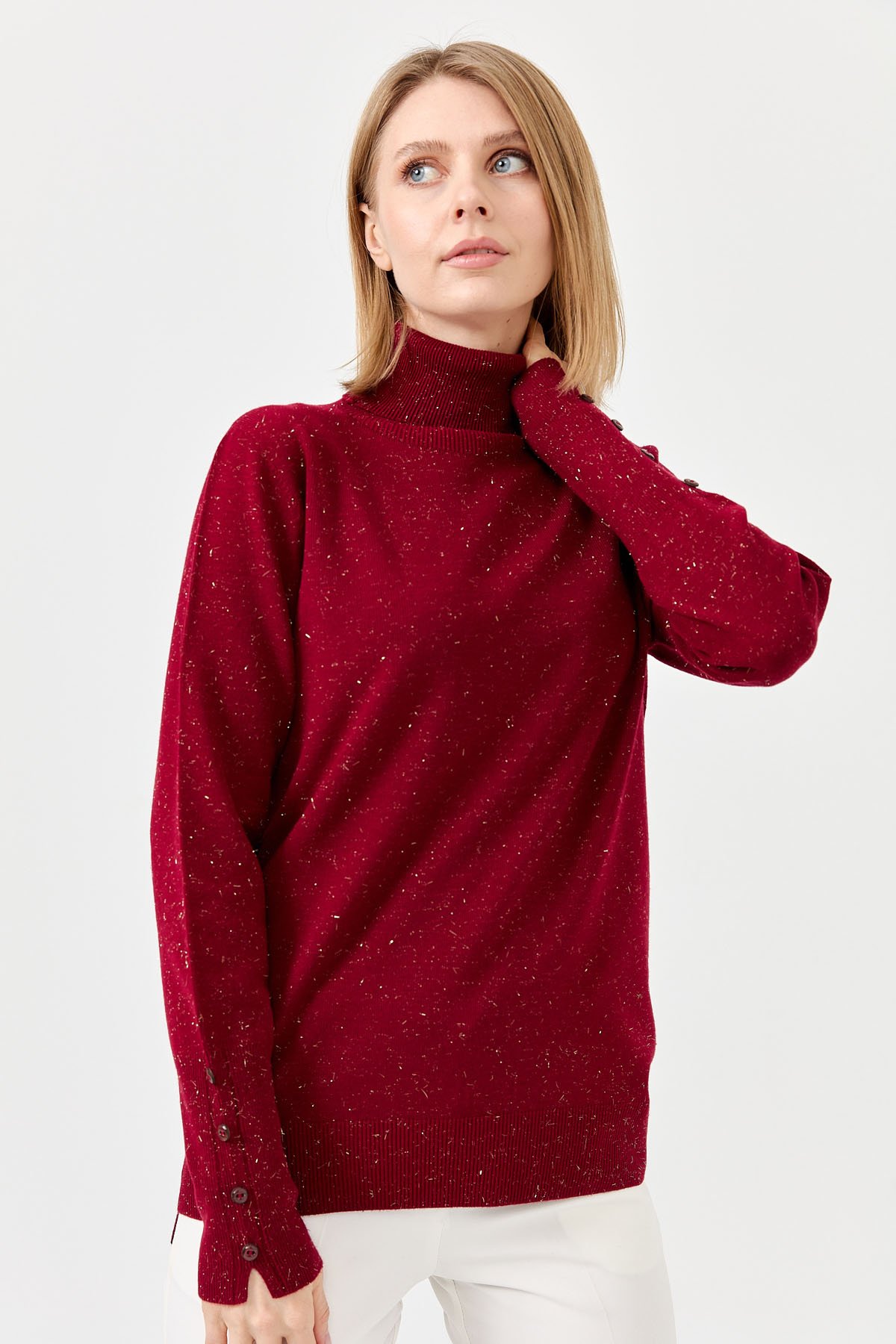 22330Kadın Tam Balıkçı Yaka Kol Ucu Yırtmaçlı Kazak V.Çürüğü