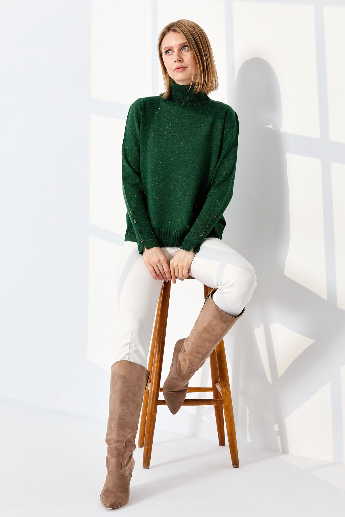 22330Kadın Tam Balıkçı Yaka Kol Ucu Yırtmaçlı Kazak Ö.Başı