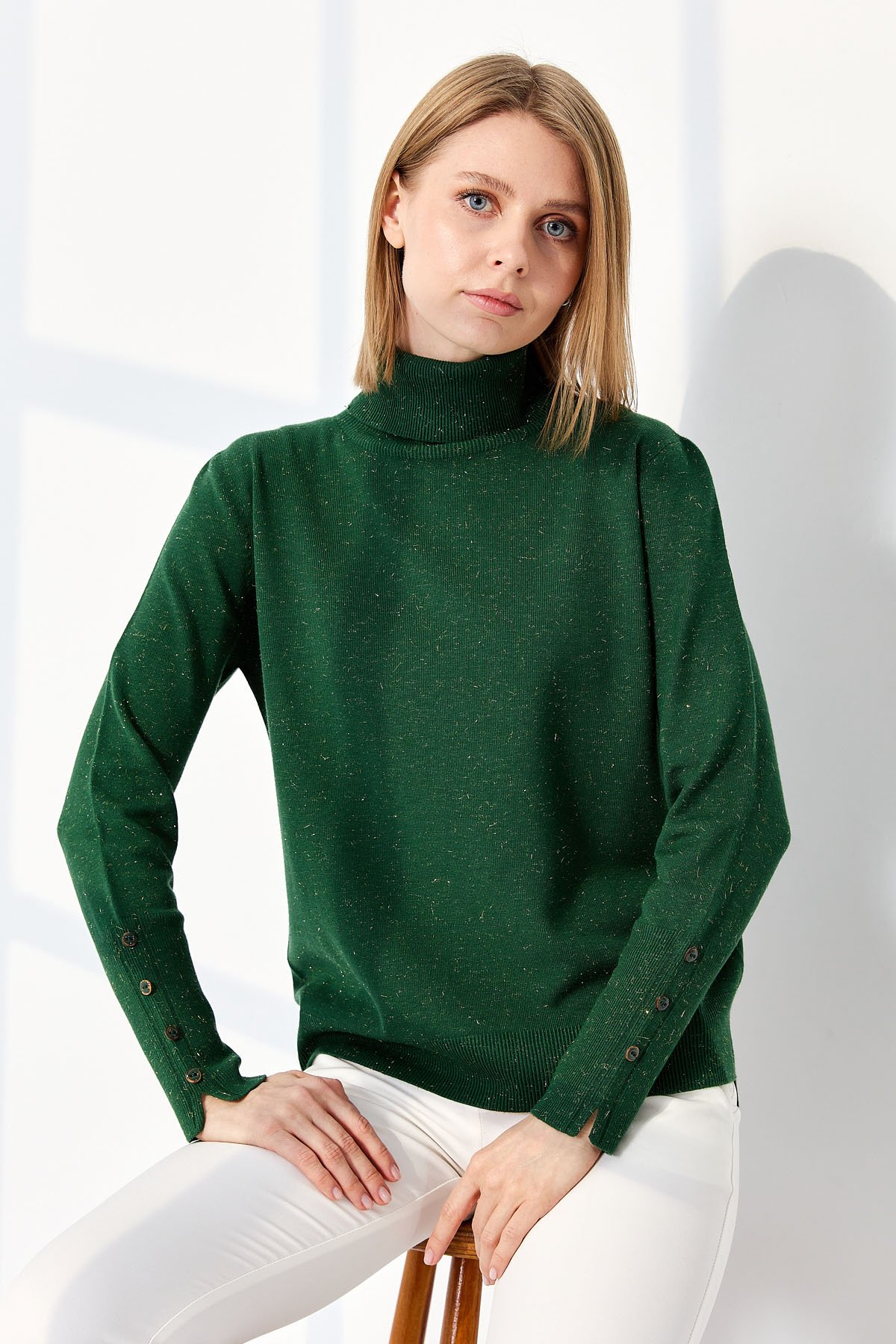 22330Kadın Tam Balıkçı Yaka Kol Ucu Yırtmaçlı Kazak Ö.Başı