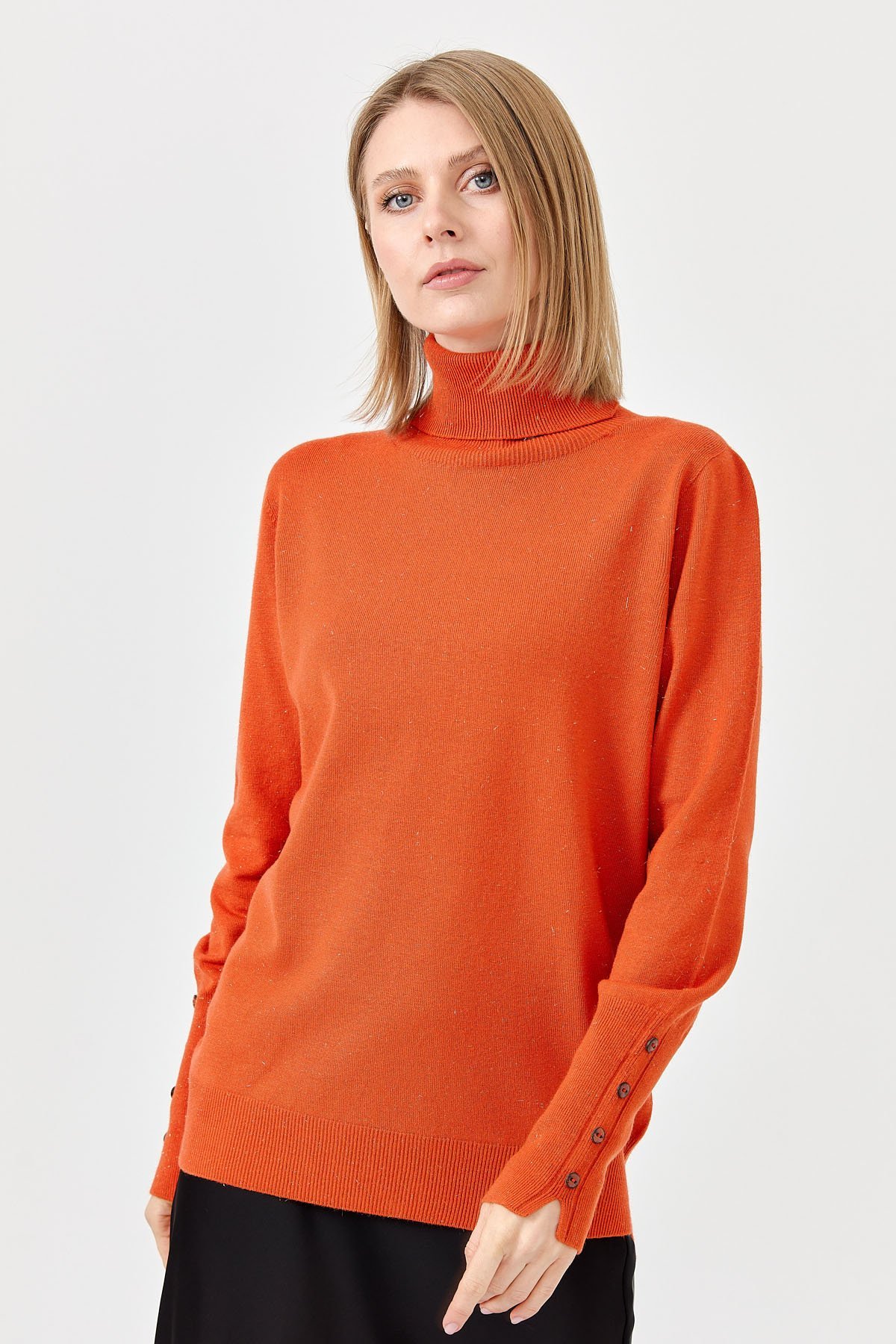 22330Kadın Tam Balıkçı Yaka Kol Ucu Yırtmaçlı Kazak Portakal