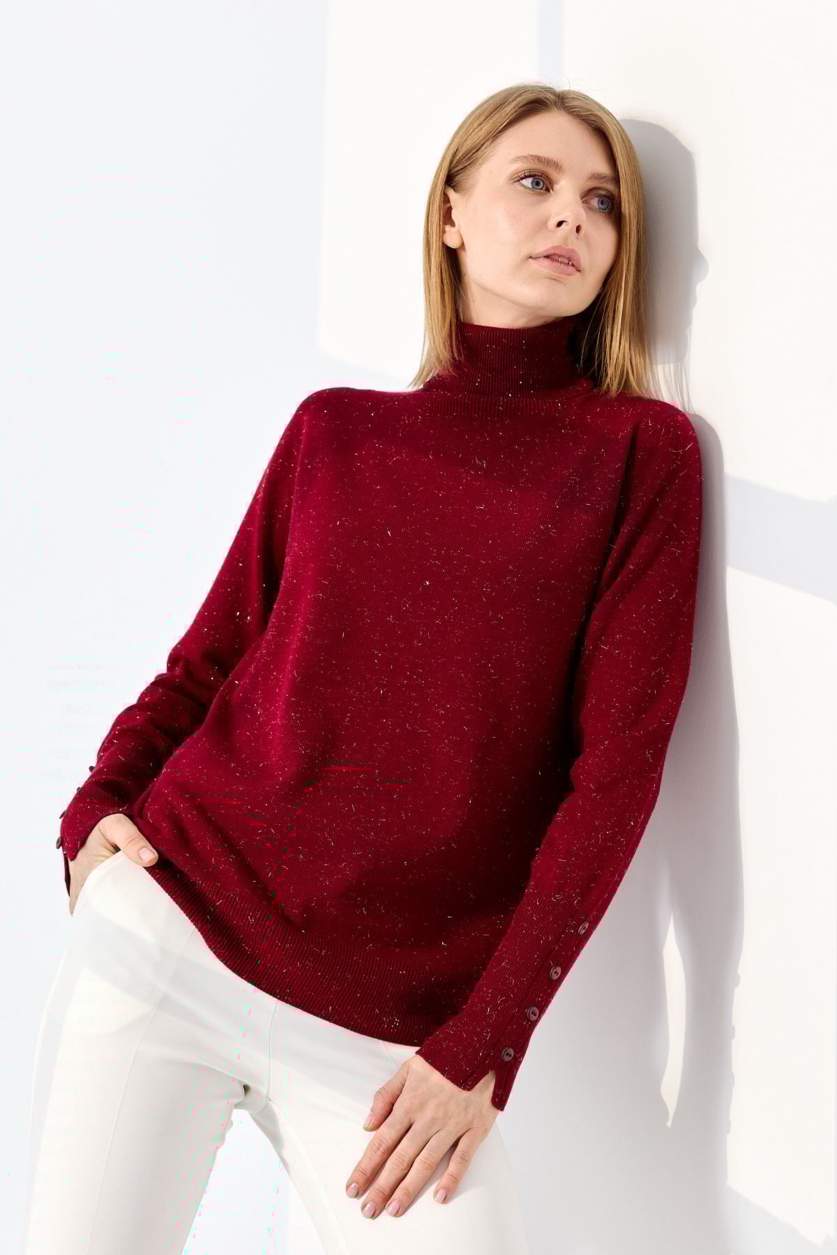 22330Kadın Tam Balıkçı Yaka Kol Ucu Yırtmaçlı Kazak V.Çürüğü