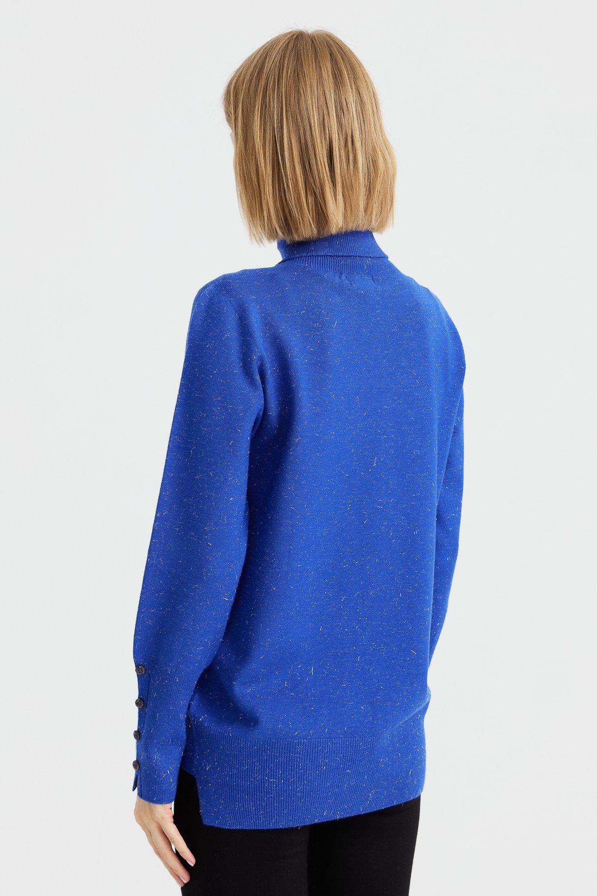 22330Kadın Tam Balıkçı Yaka Kol Ucu Yırtmaçlı Kazak S.Mavi