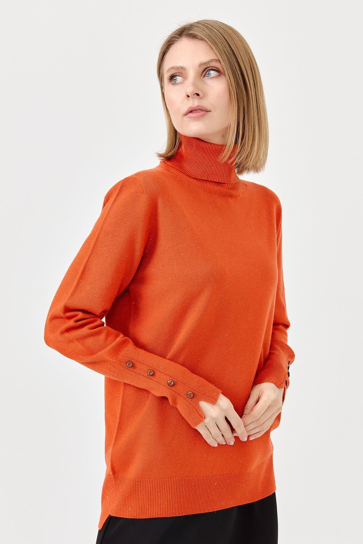 22330Kadın Tam Balıkçı Yaka Kol Ucu Yırtmaçlı Kazak Portakal