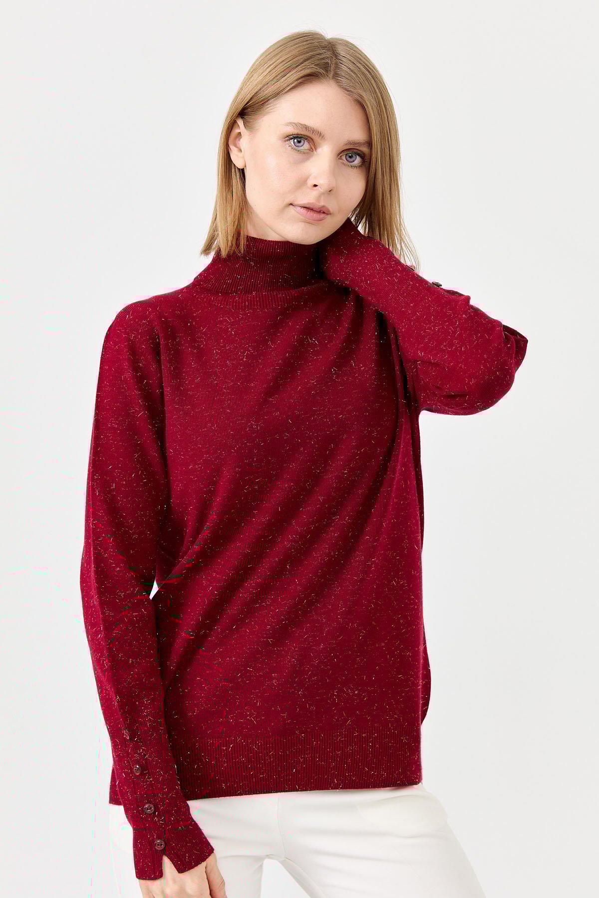 22330Kadın Tam Balıkçı Yaka Kol Ucu Yırtmaçlı Kazak V.Çürüğü