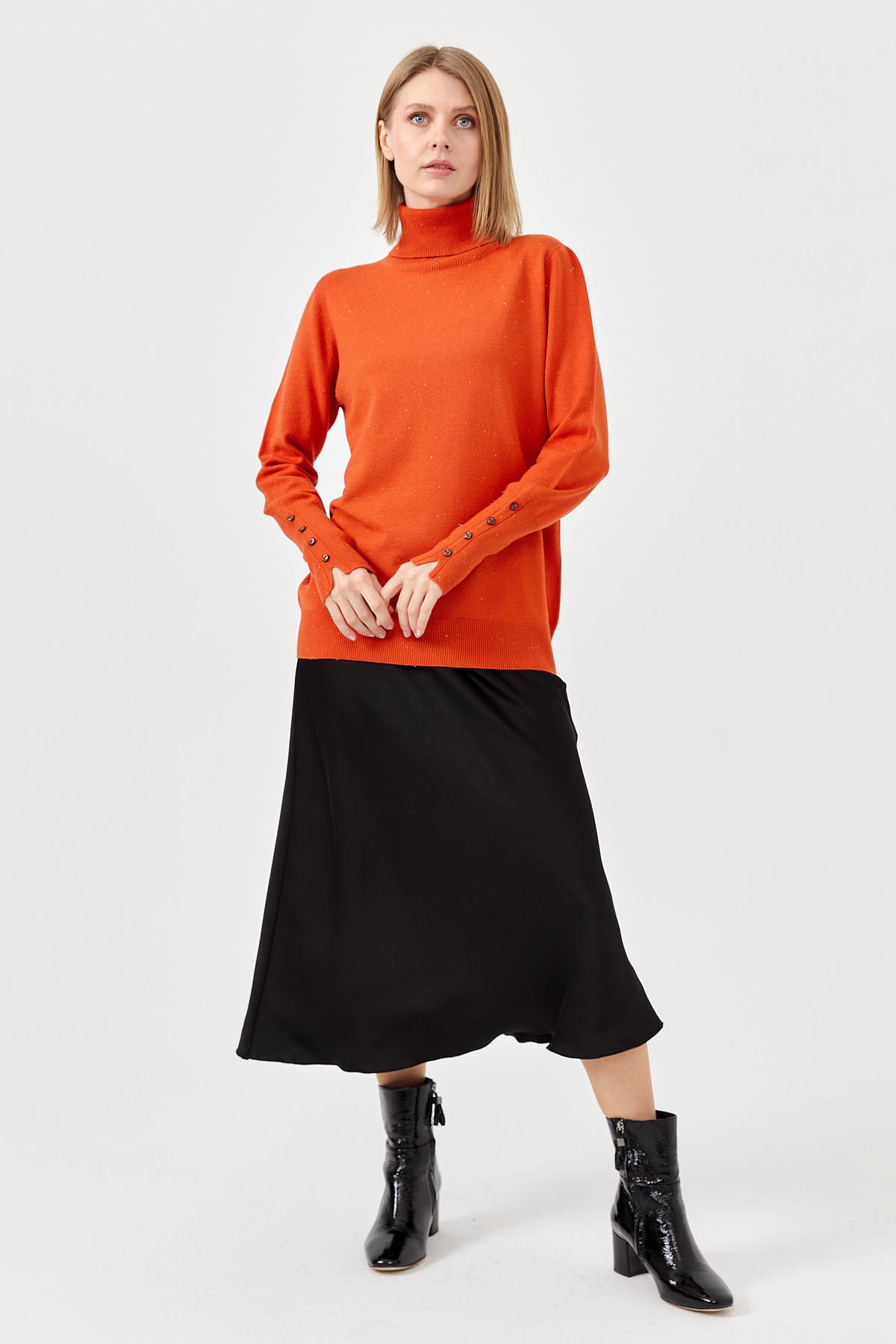 22330Kadın Tam Balıkçı Yaka Kol Ucu Yırtmaçlı Kazak Portakal