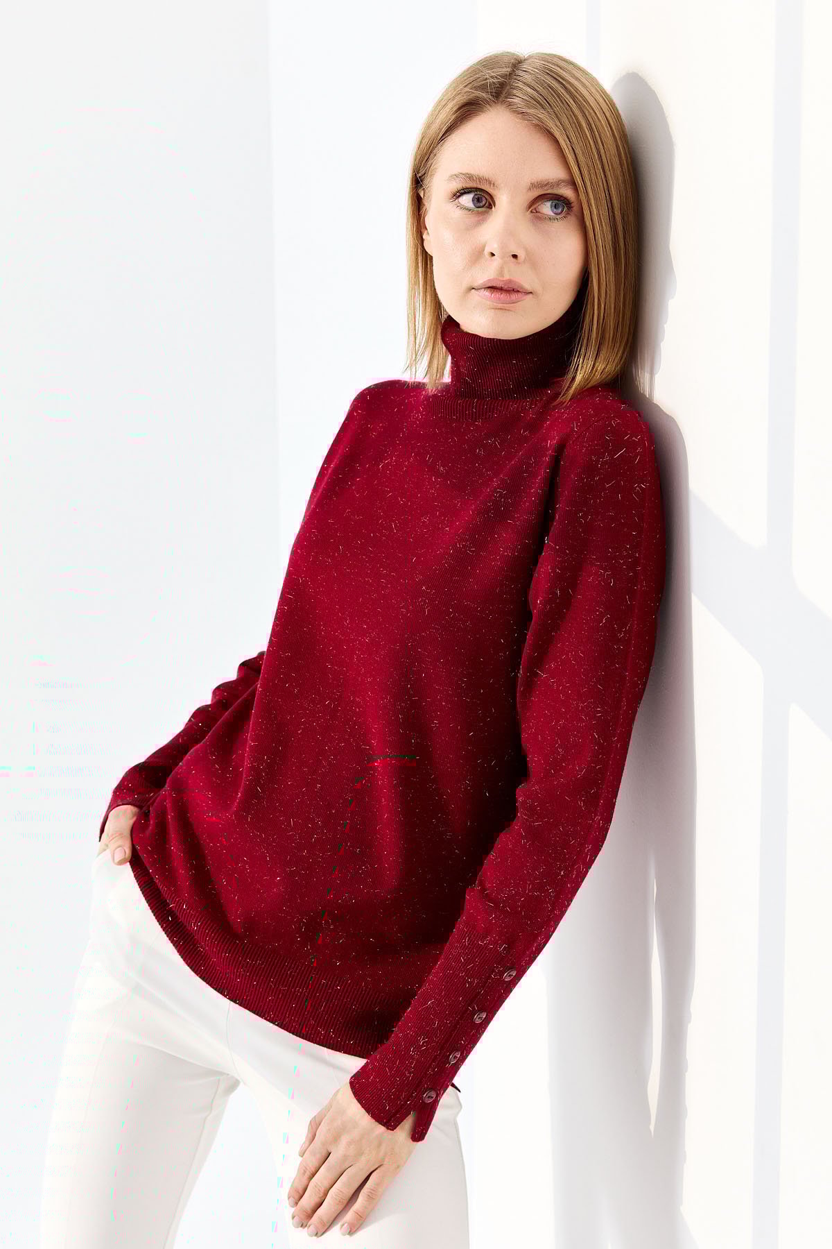 22330Kadın Tam Balıkçı Yaka Kol Ucu Yırtmaçlı Kazak V.Çürüğü