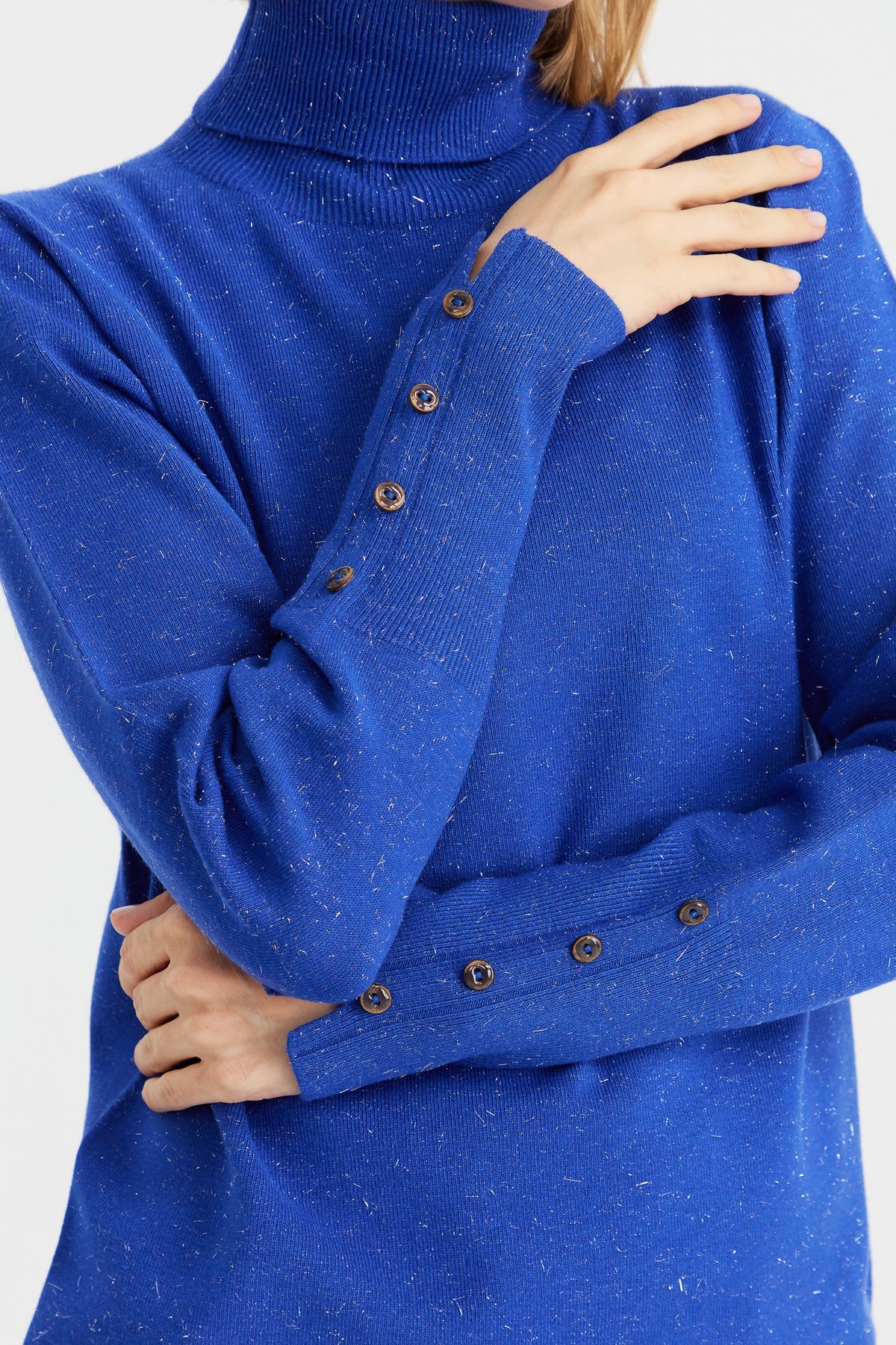 22330Kadın Tam Balıkçı Yaka Kol Ucu Yırtmaçlı Kazak S.Mavi