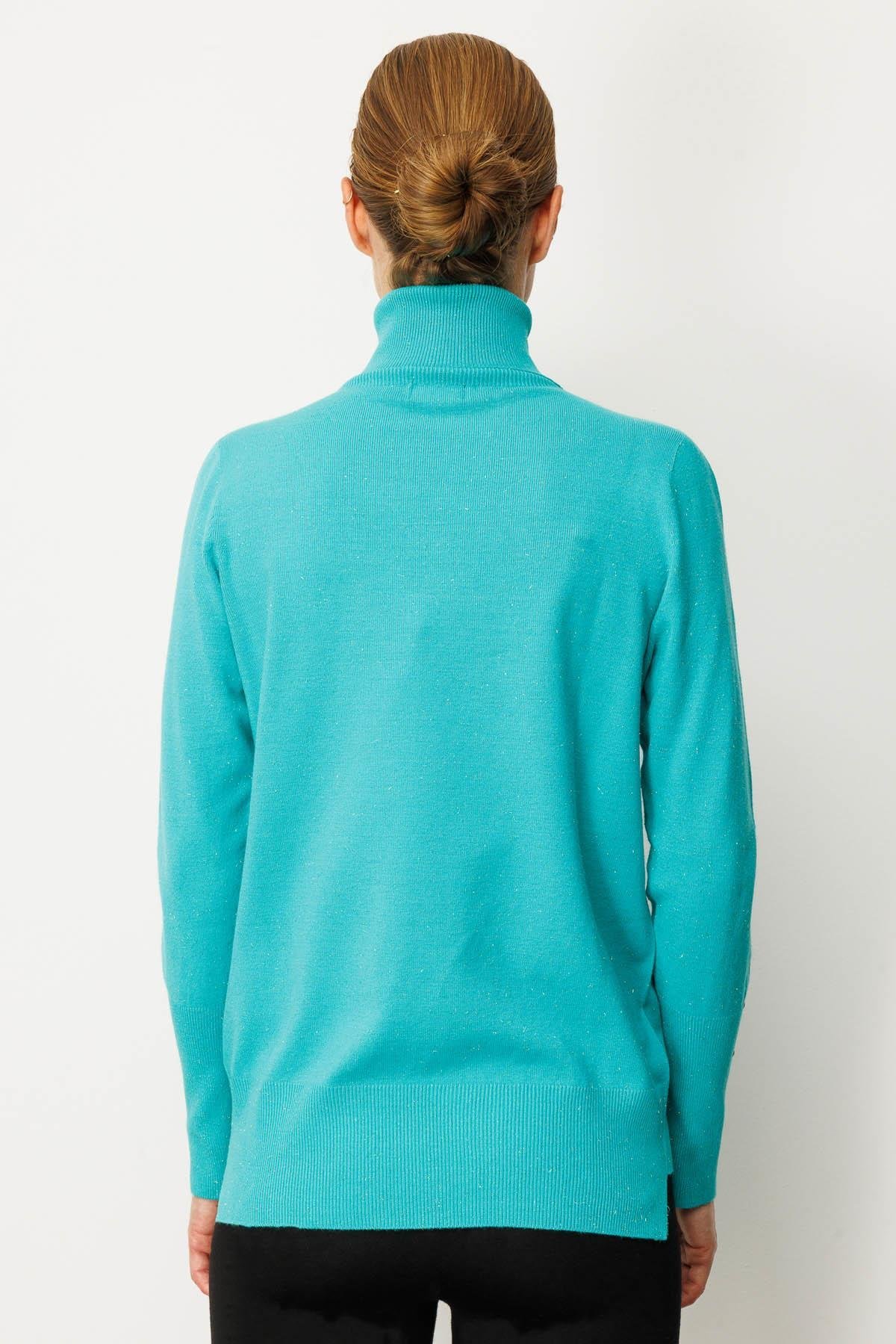 22330Kadın Tam Balıkçı Yaka Kol Ucu Yırtmaçlı Kazak S.Yeşili