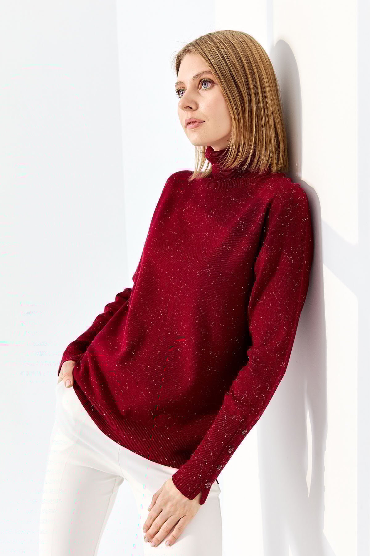 22330Kadın Tam Balıkçı Yaka Kol Ucu Yırtmaçlı Kazak V.Çürüğü