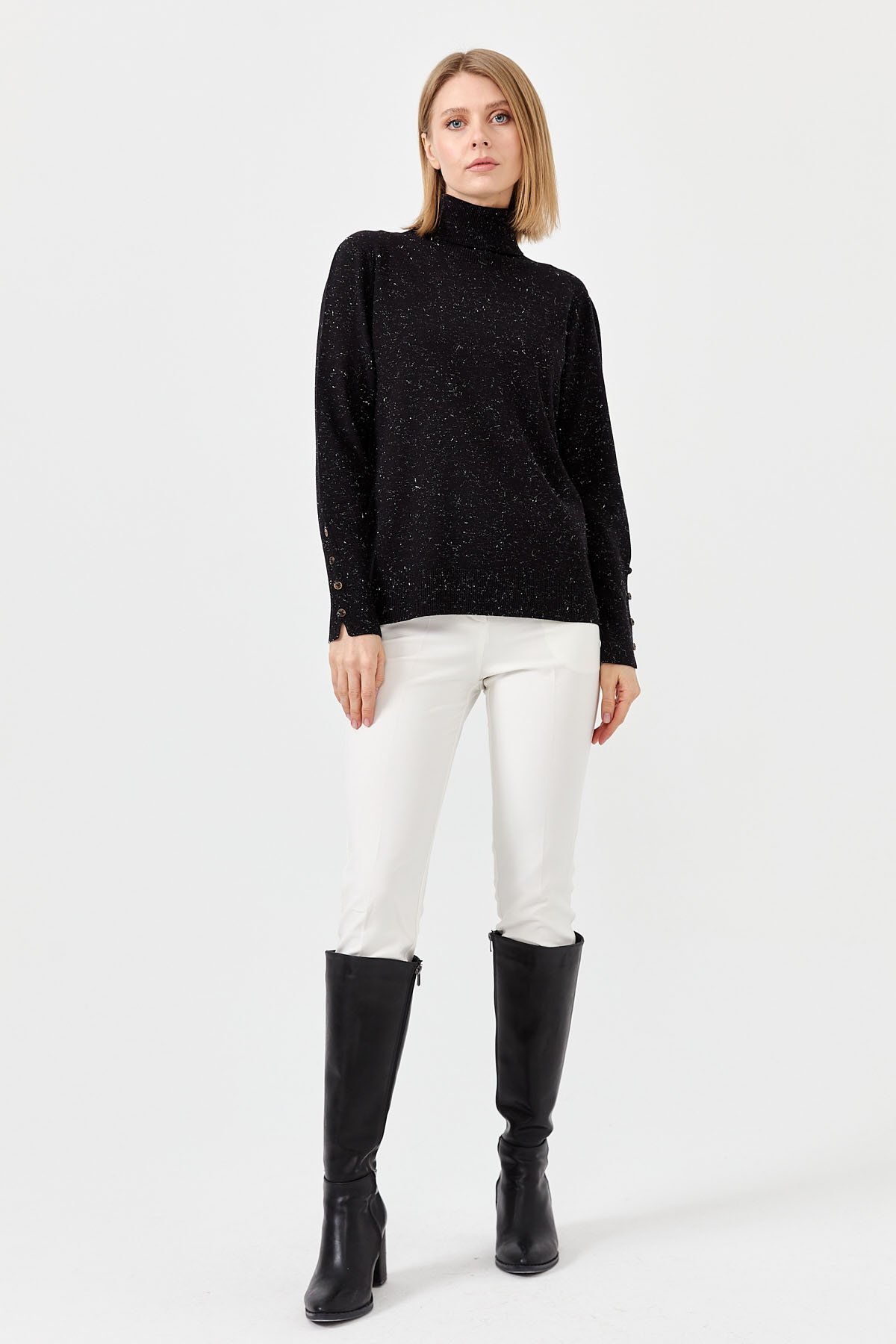 22330Kadın Tam Balıkçı Yaka Kol Ucu Yırtmaçlı Kazak Siyah