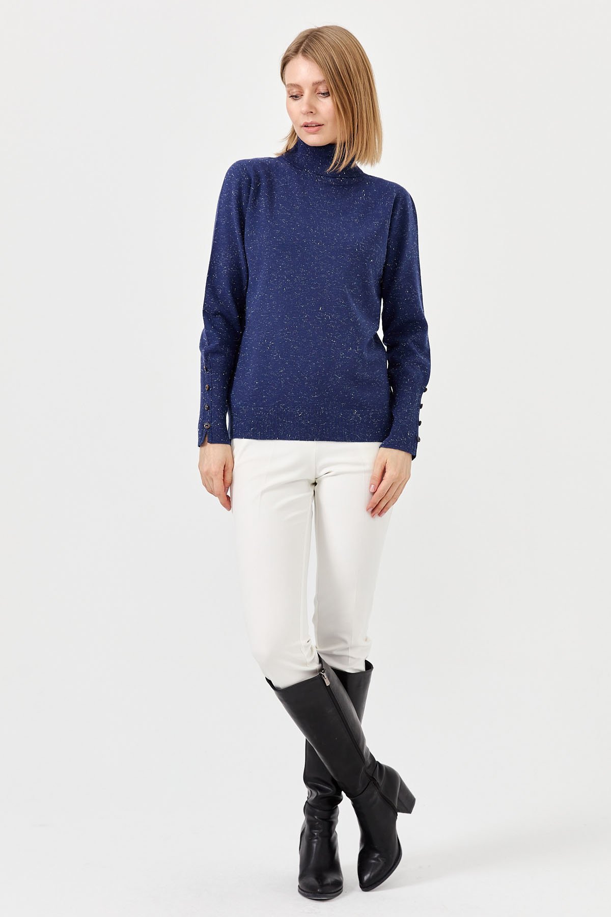 22330Kadın Tam Balıkçı Yaka Kol Ucu Yırtmaçlı Kazak Lacivert