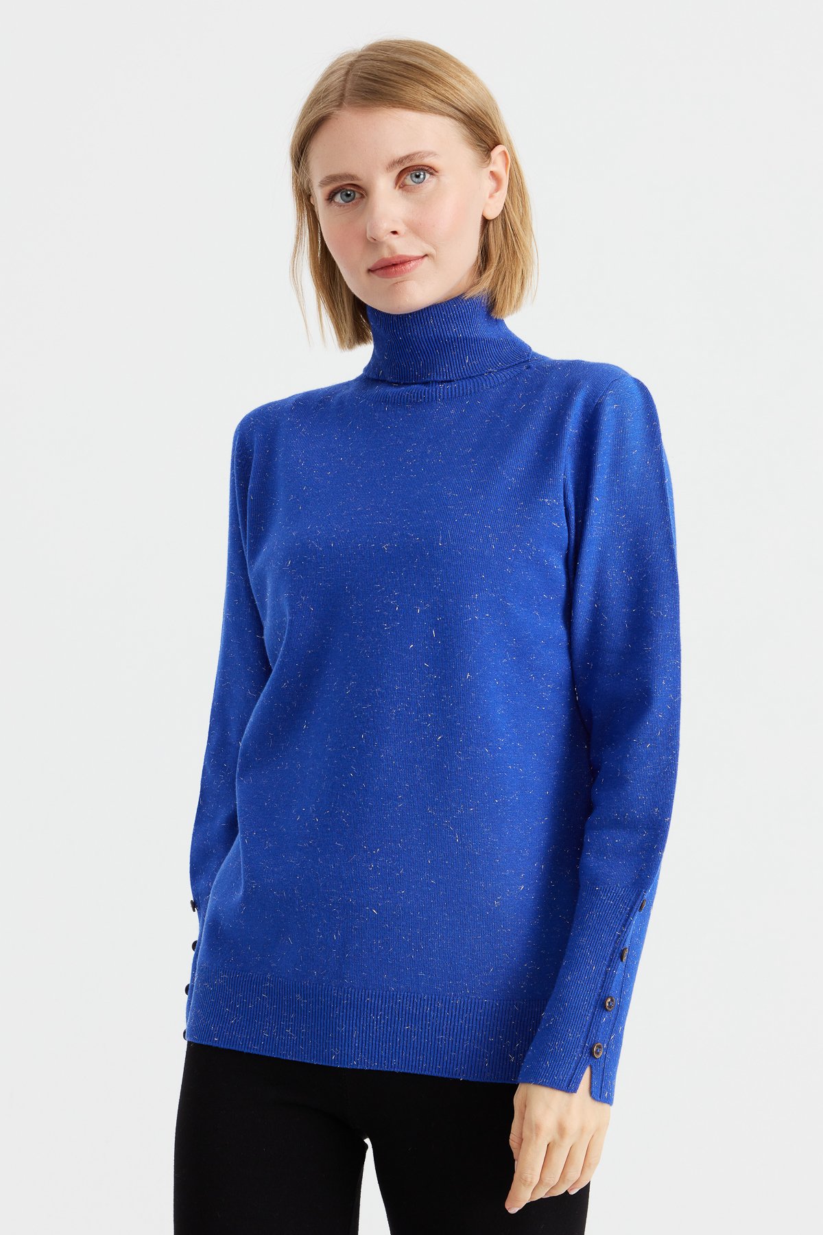 22330Kadın Tam Balıkçı Yaka Kol Ucu Yırtmaçlı Kazak S.Mavi