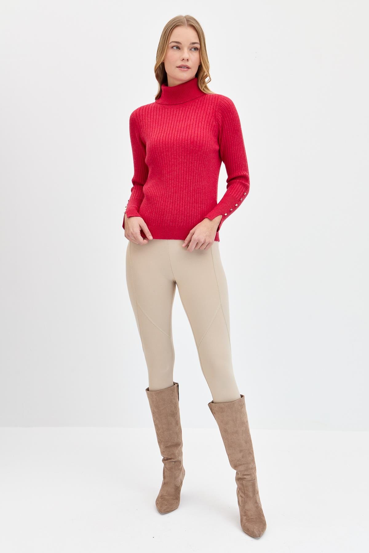 24184Kadın Tam Balıkçı Yaka Kolları Düğmeli Kazak Kırmızı