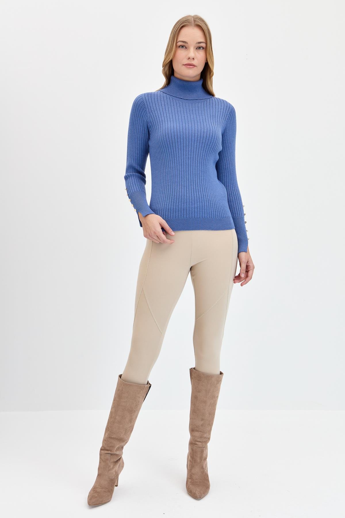 24184Kadın Tam Balıkçı Yaka Kolları Düğmeli Kazak İndigo