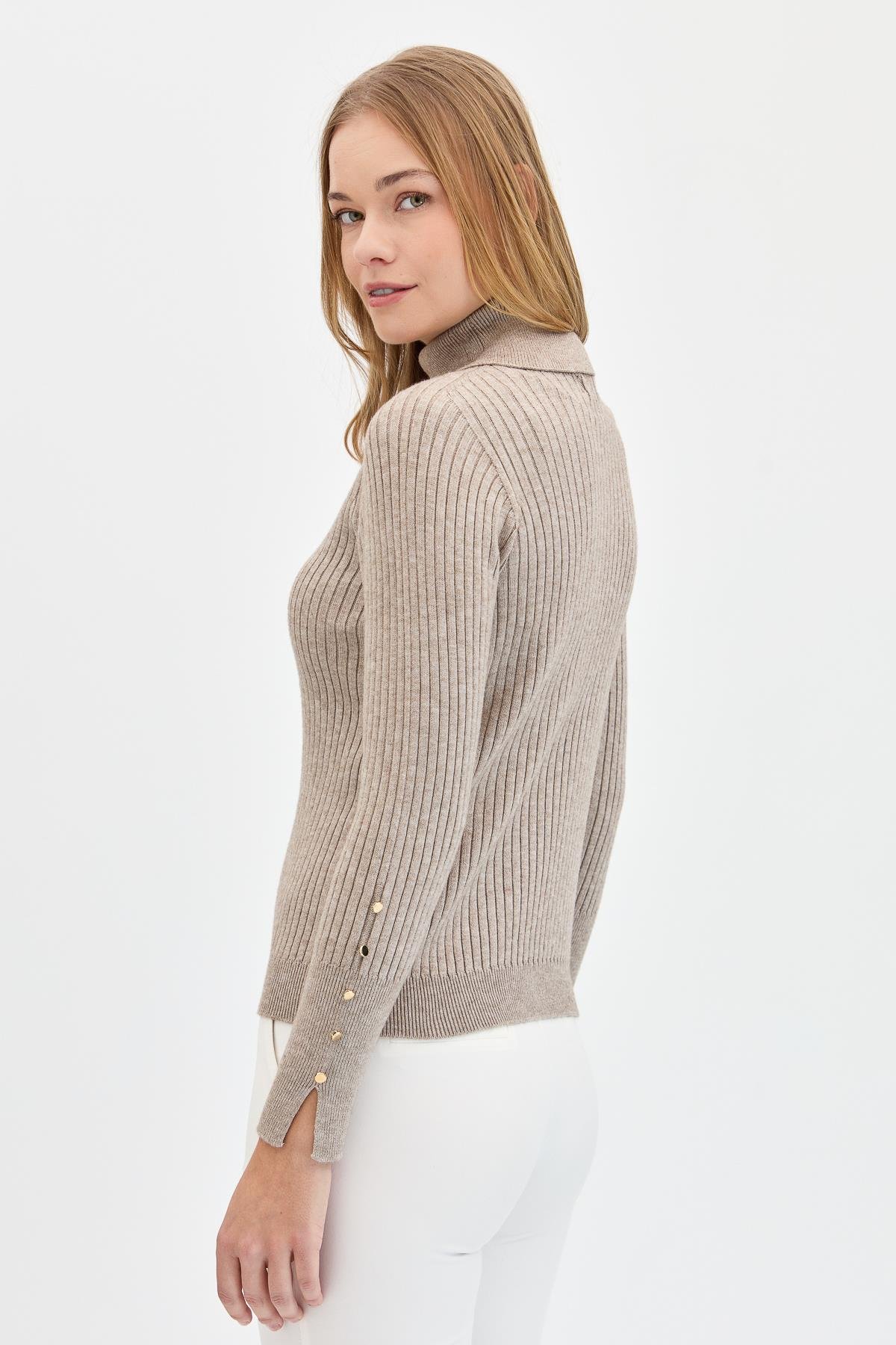 24184Kadın Tam Balıkçı Yaka Kolları Düğmeli Kazak Vizon