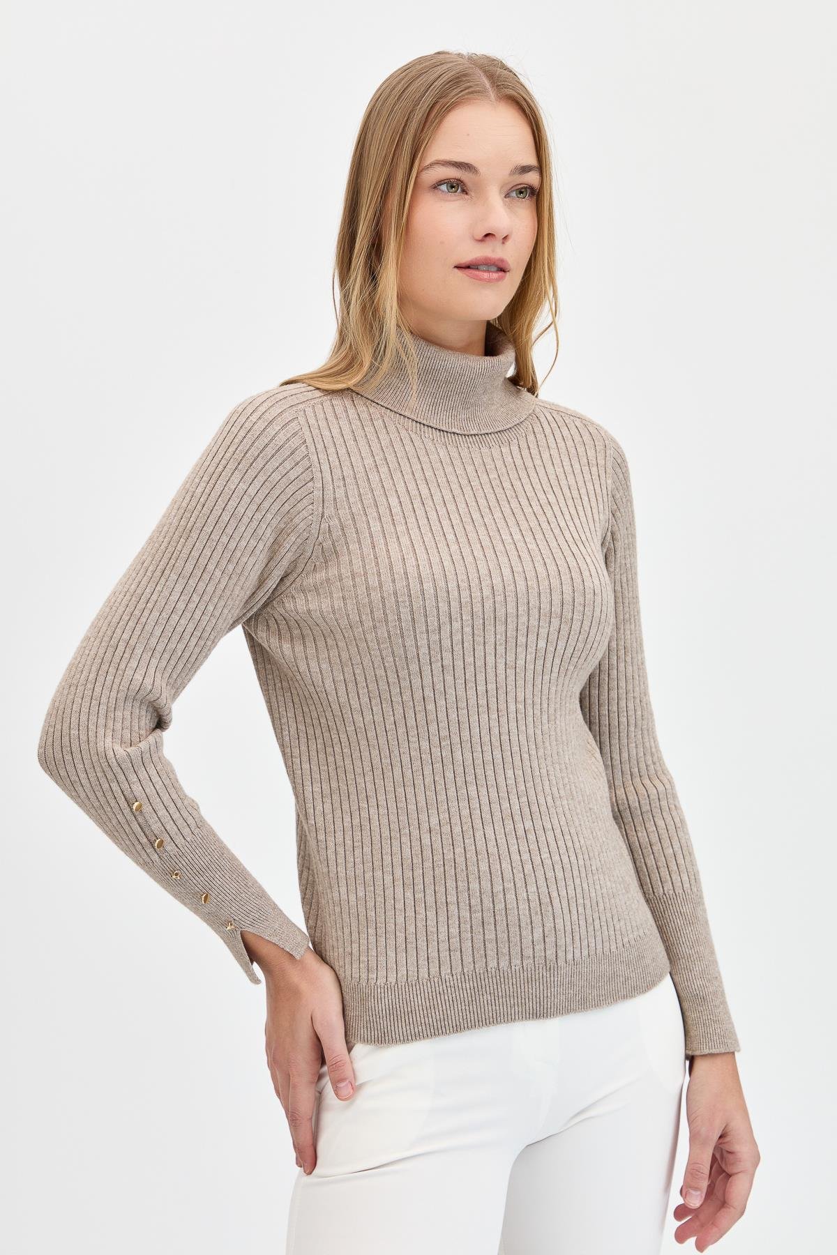 24184Kadın Tam Balıkçı Yaka Kolları Düğmeli Kazak Vizon