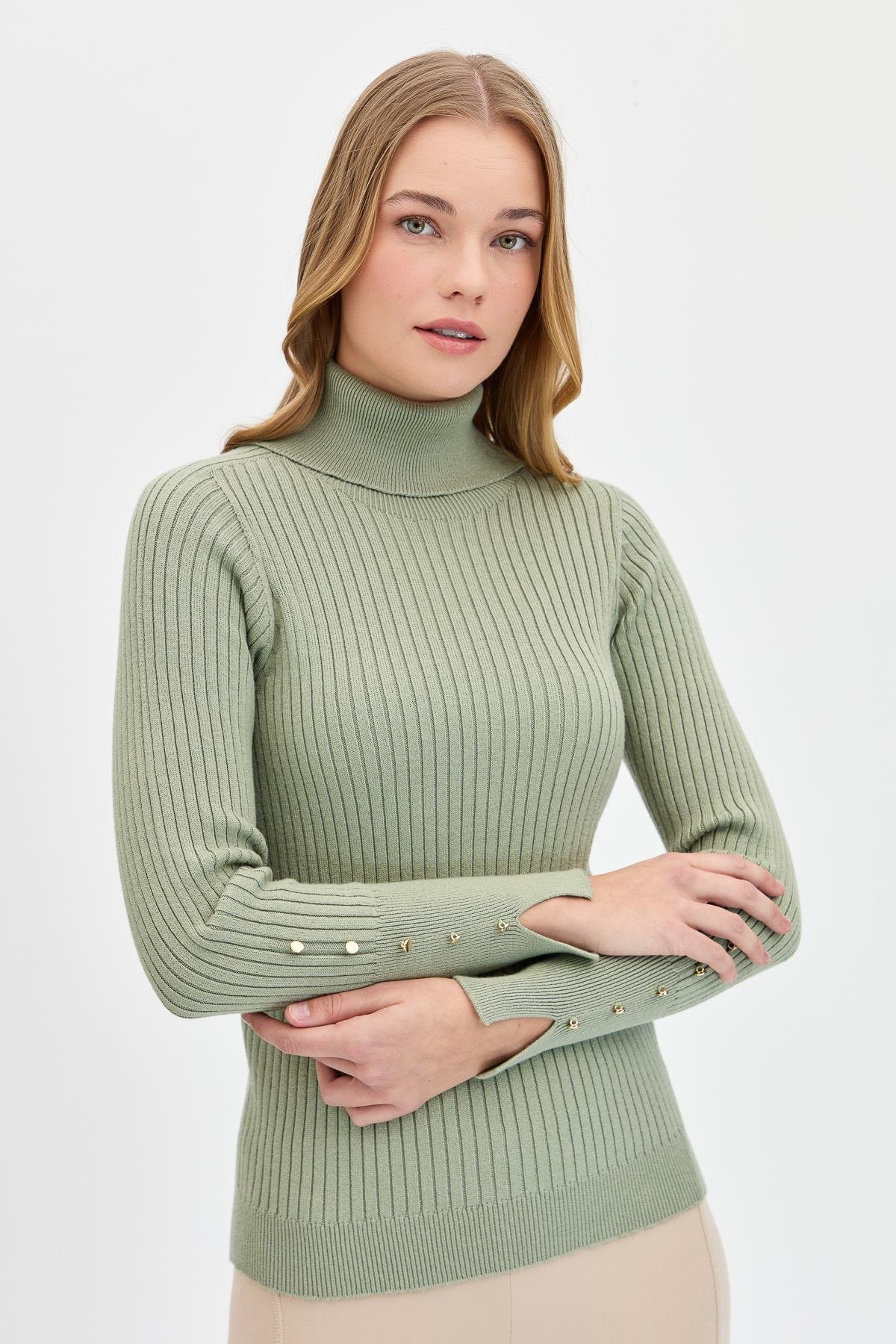 24184Kadın Tam Balıkçı Yaka Kolları Düğmeli Kazak Mint