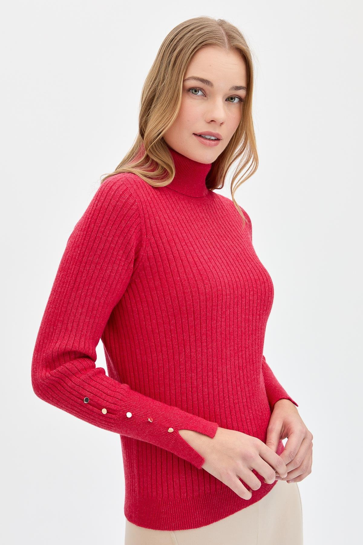 24184Kadın Tam Balıkçı Yaka Kolları Düğmeli Kazak Kırmızı