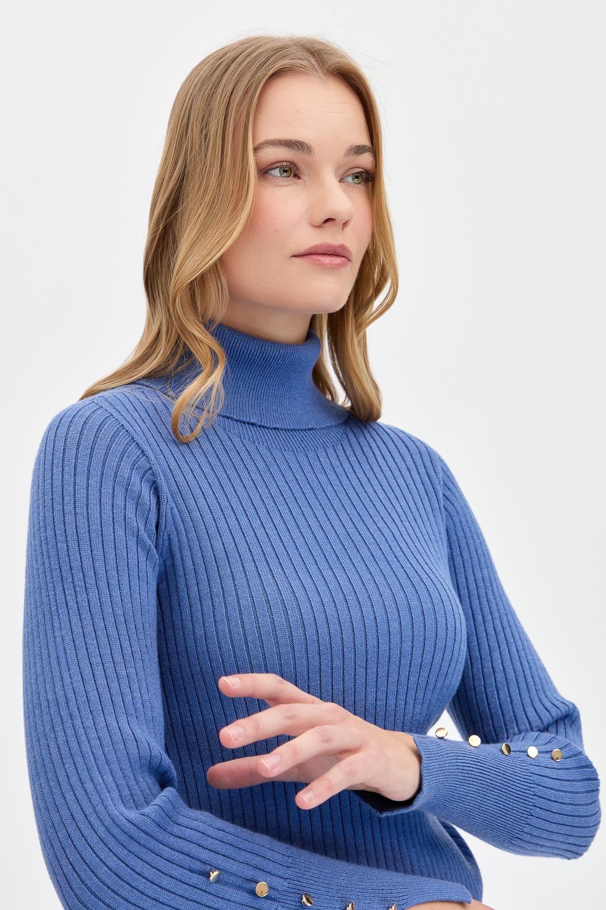 24184Kadın Tam Balıkçı Yaka Kolları Düğmeli Kazak İndigo