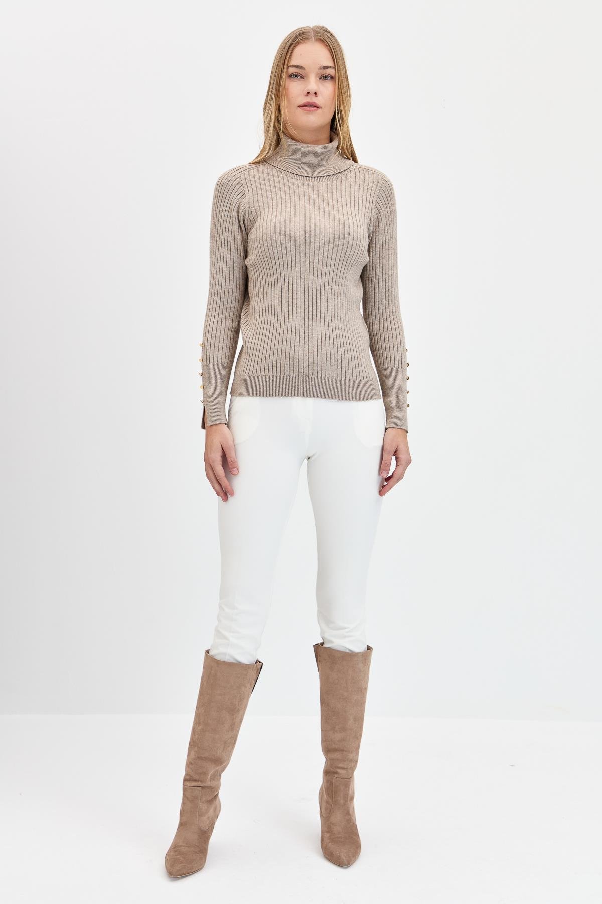 24184Kadın Tam Balıkçı Yaka Kolları Düğmeli Kazak Vizon