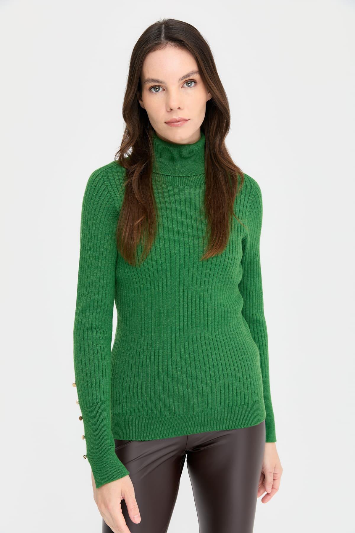 24184Женский свитер на пуговицах с длинными рукавами и высоким воротником
