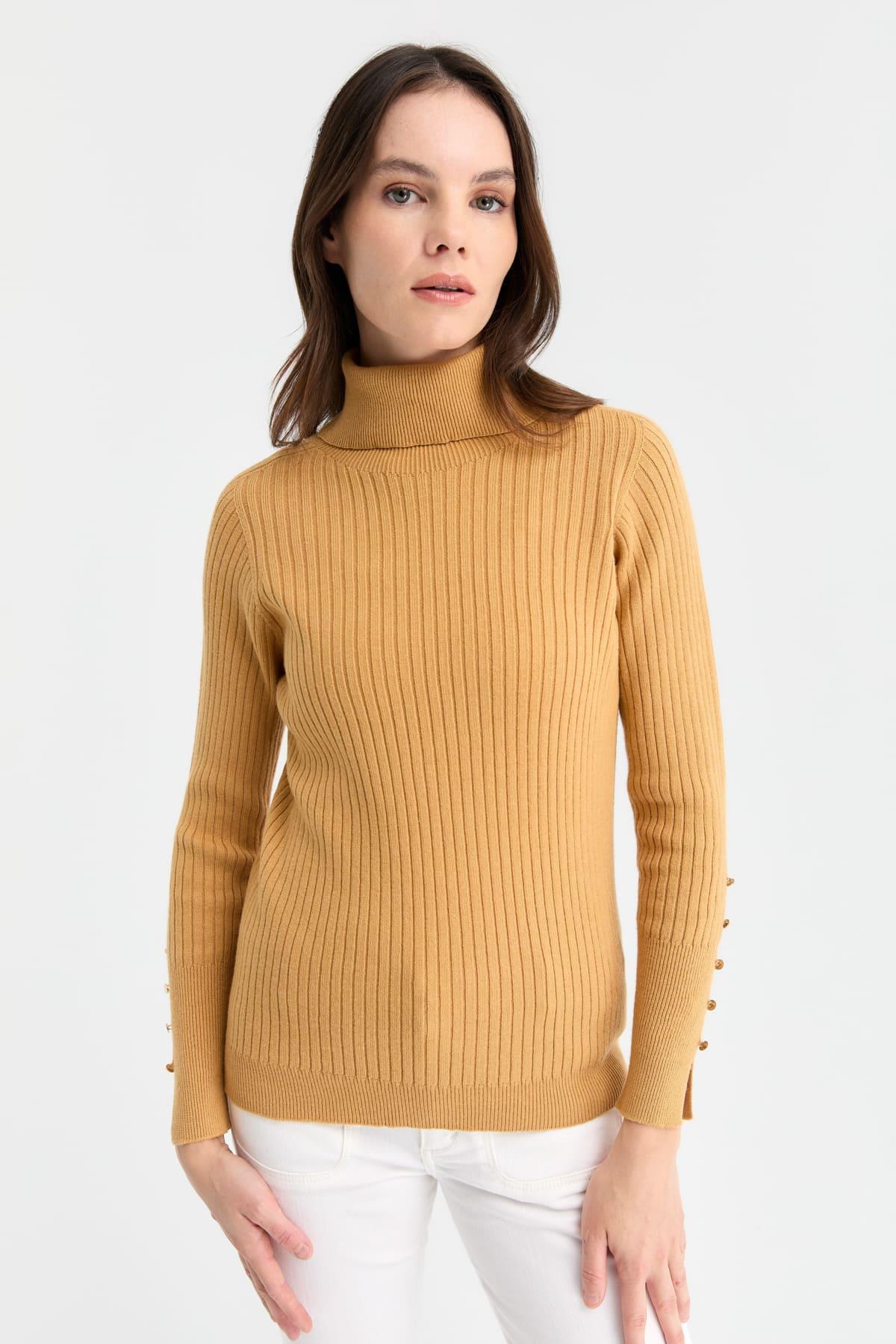 24184Kadın Tam Balıkçı Yaka Kolları Düğmeli Kazak Camel