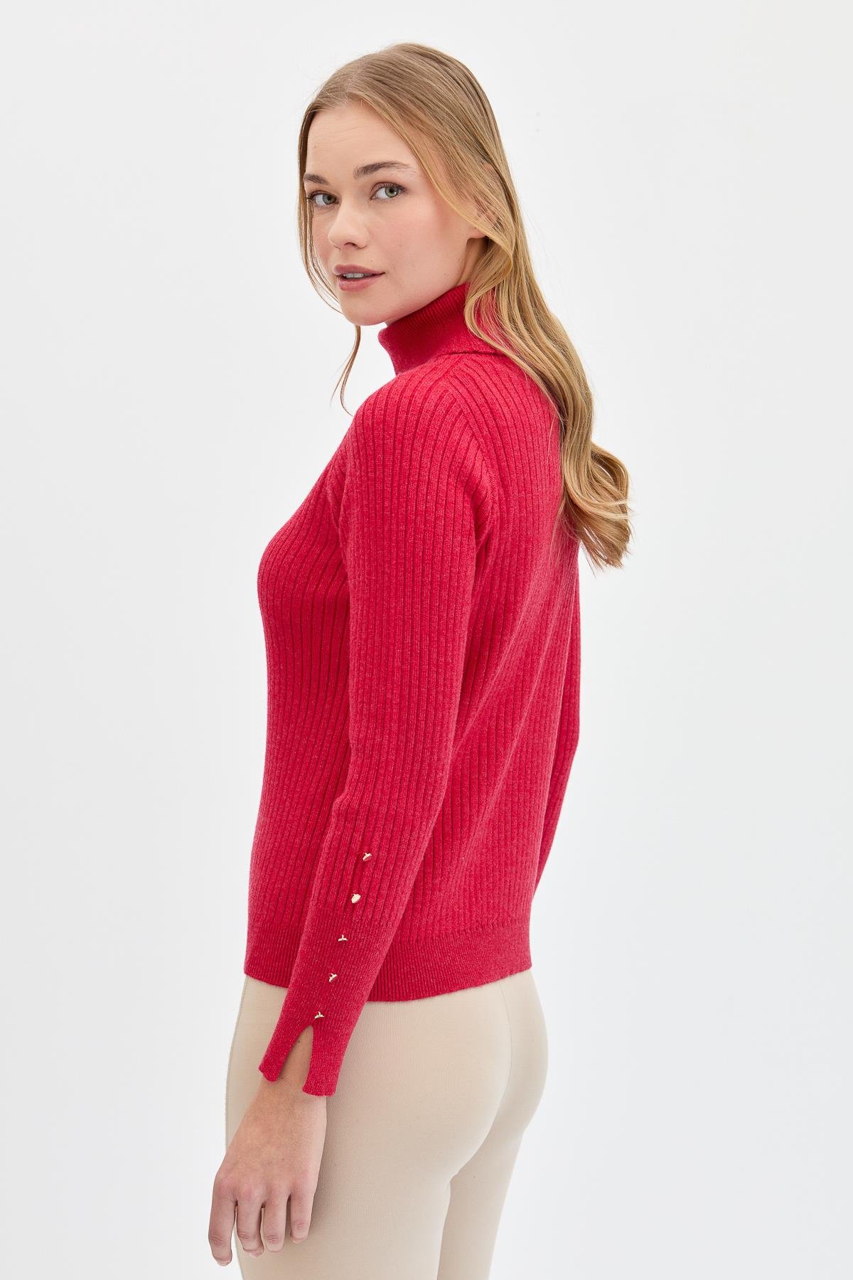 24184Kadın Tam Balıkçı Yaka Kolları Düğmeli Kazak Kırmızı