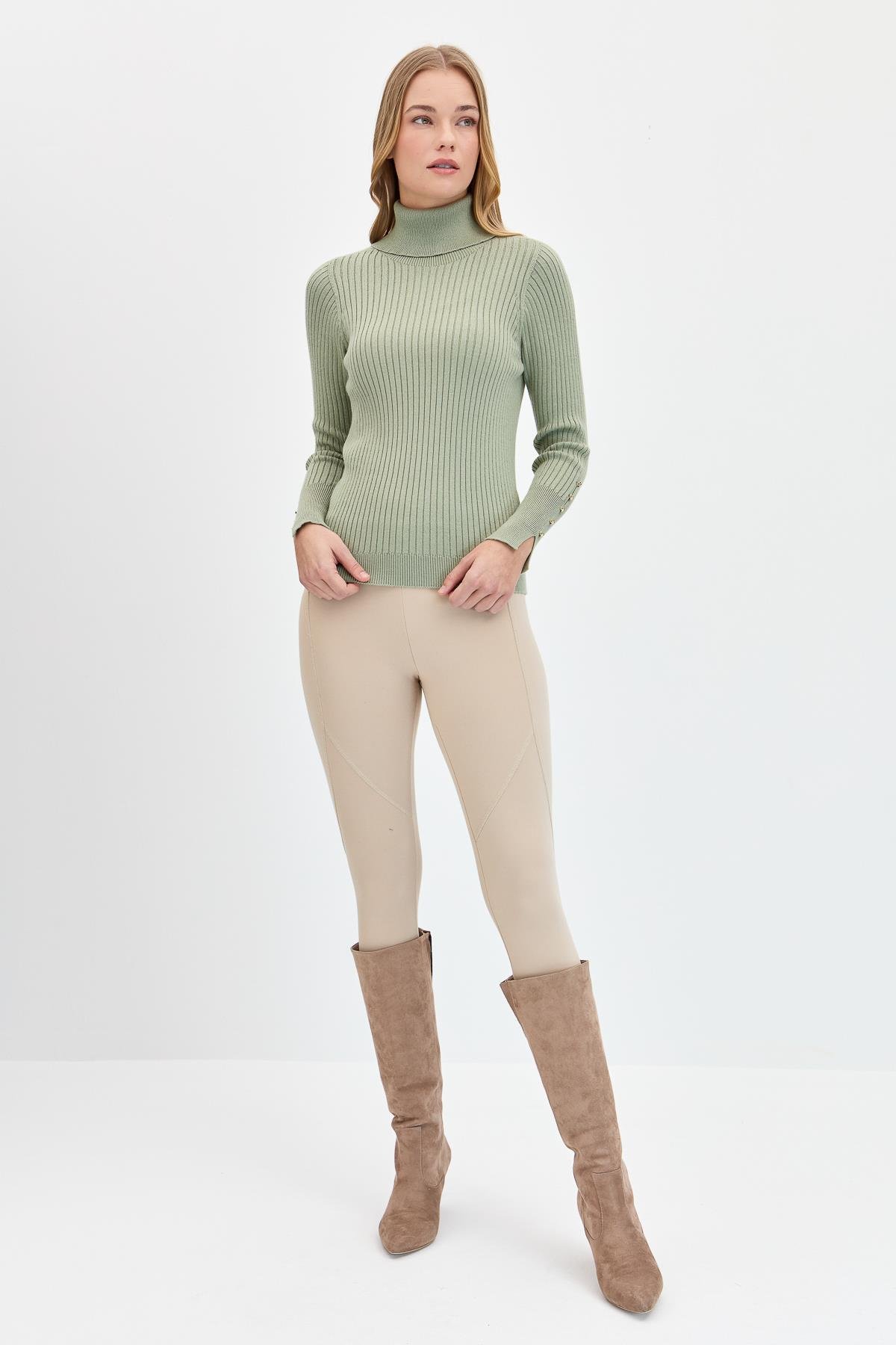 24184Kadın Tam Balıkçı Yaka Kolları Düğmeli Kazak Mint