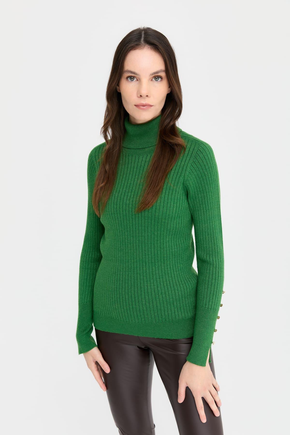 24184Женский свитер на пуговицах с длинными рукавами и высоким воротником