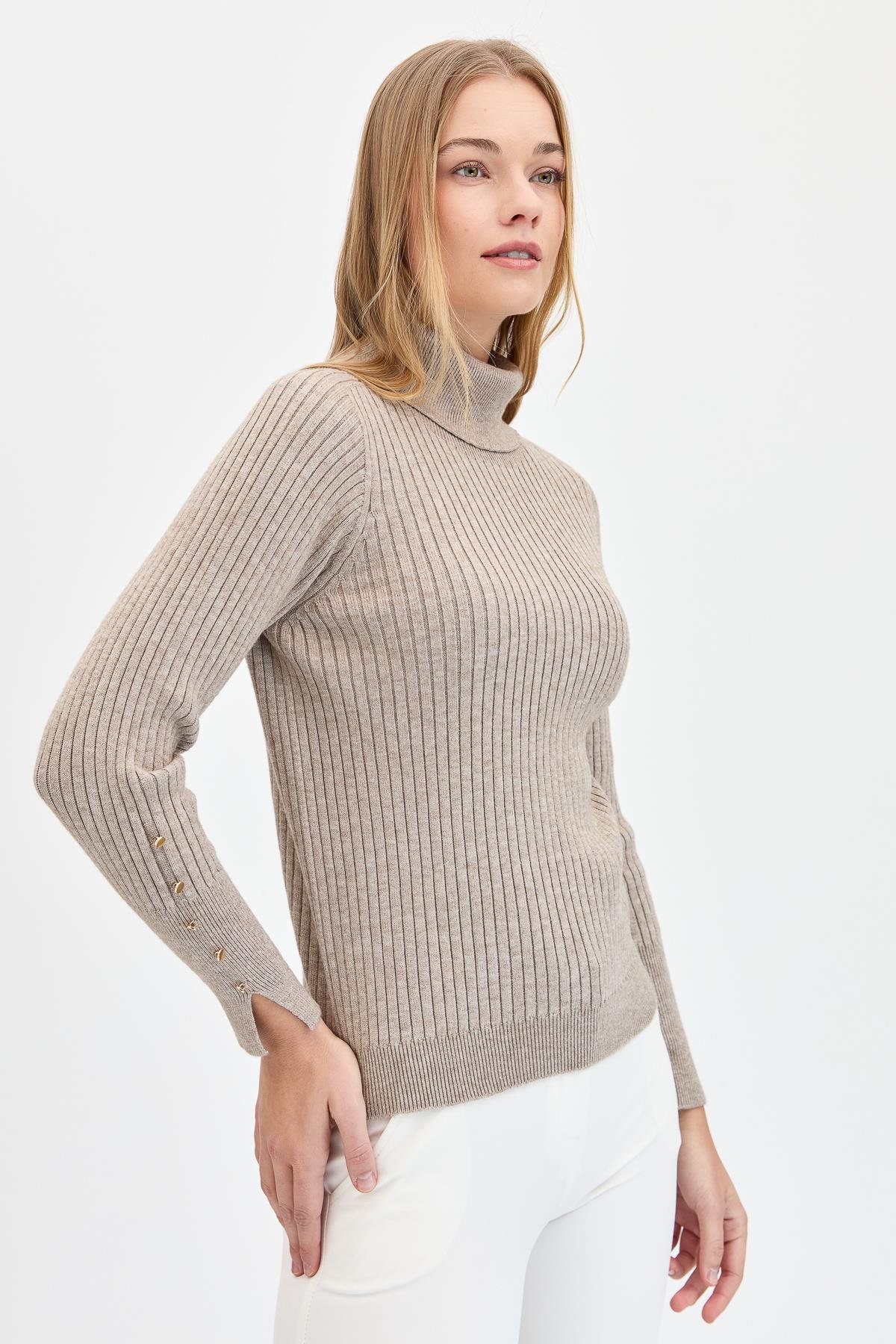 24184Kadın Tam Balıkçı Yaka Kolları Düğmeli Kazak Vizon