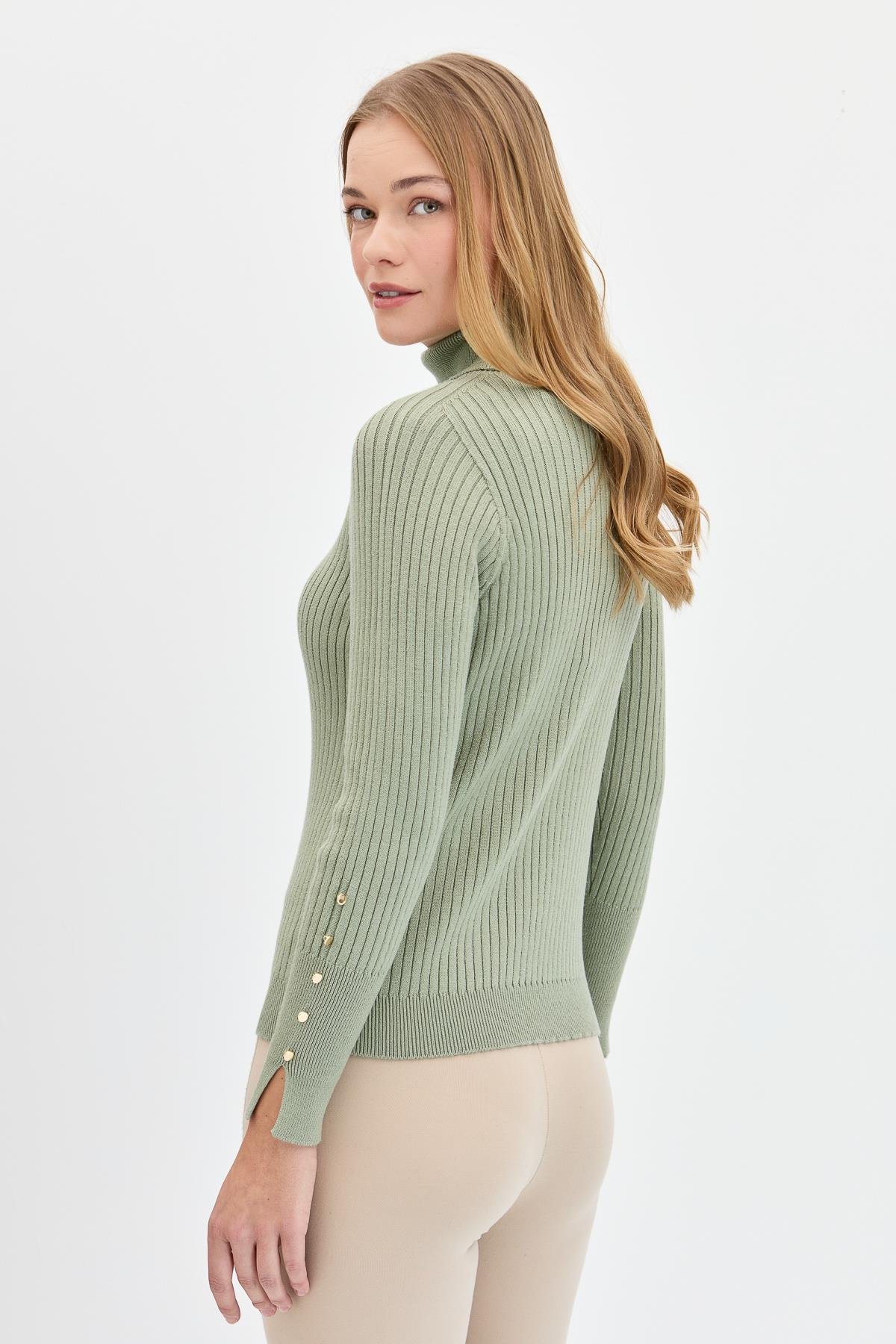 24184Kadın Tam Balıkçı Yaka Kolları Düğmeli Kazak Mint