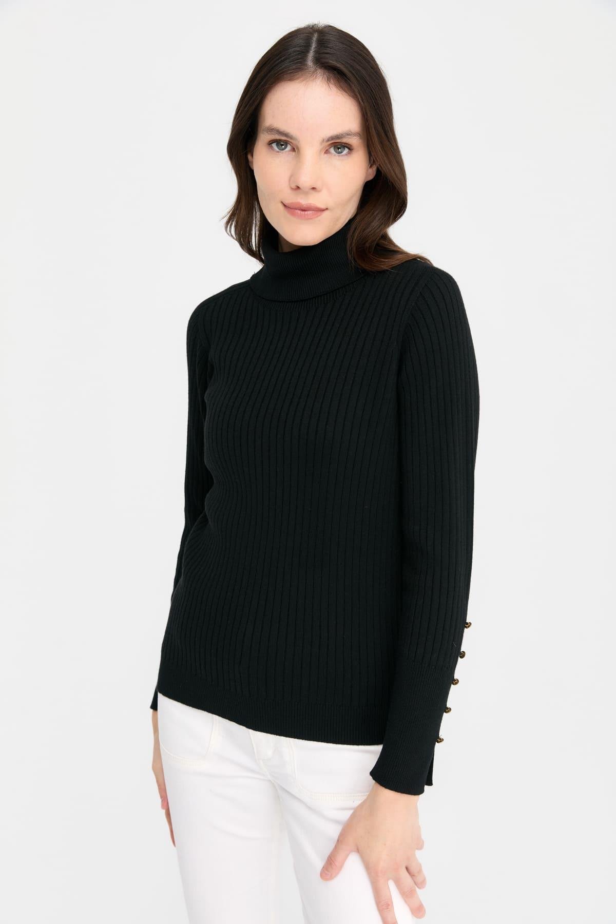 24184Женский свитер на пуговицах с длинными рукавами и высоким воротником