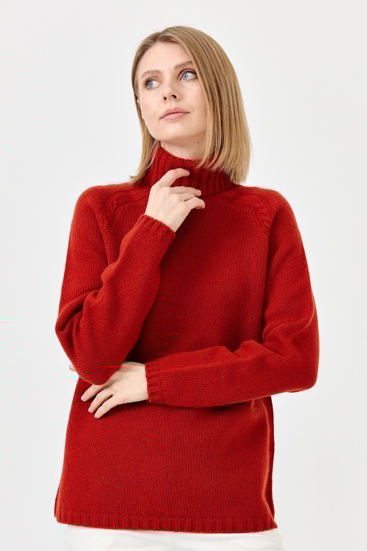 22097Kadın Tam Balıkçı Yaka Omzu Saç Örgülü Yün Kazak K.Kiremit