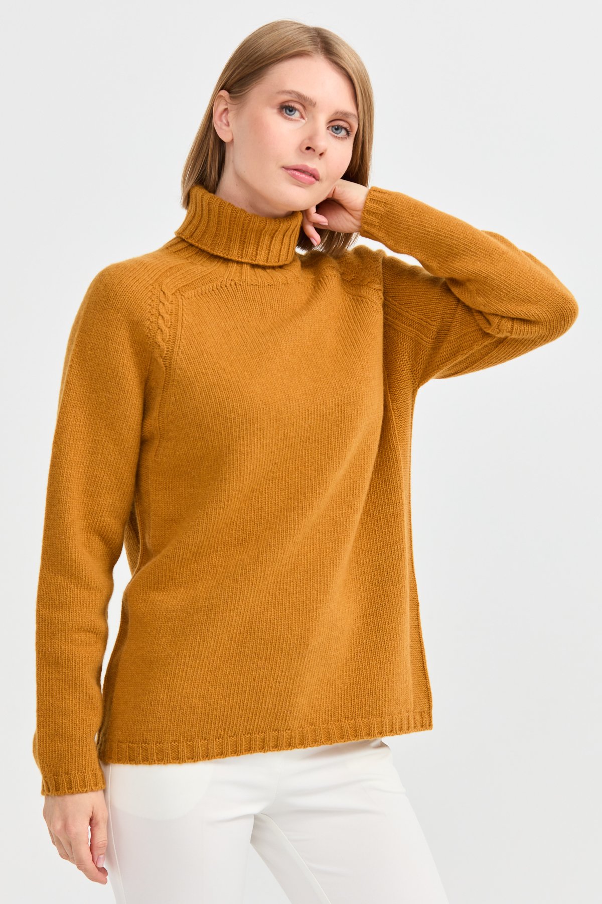 22097Kadın Tam Balıkçı Yaka Omzu Saç Örgülü Yün Kazak Hardal