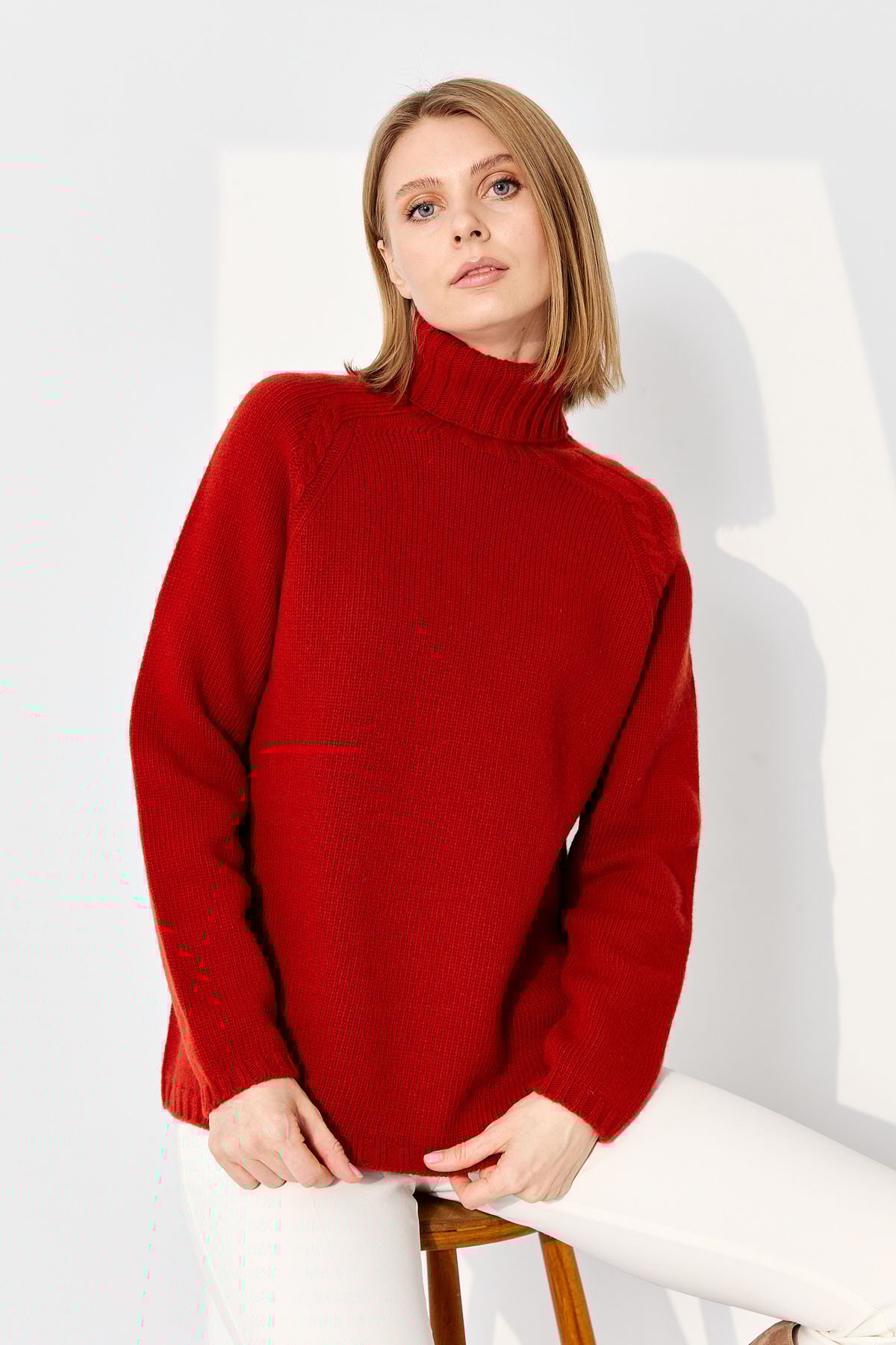 22097Kadın Tam Balıkçı Yaka Omzu Saç Örgülü Yün Kazak K.Kiremit