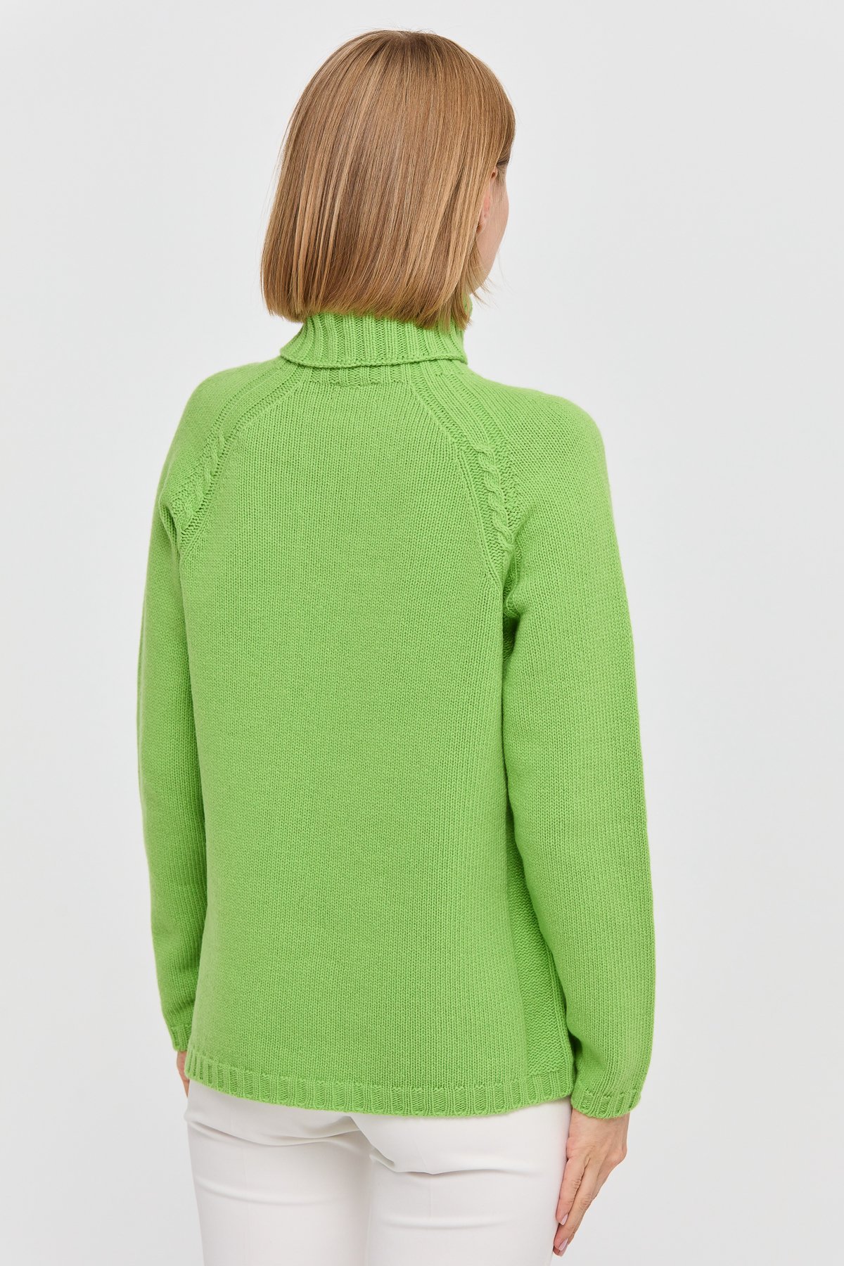 22097Kadın Tam Balıkçı Yaka Omzu Saç Örgülü Yün Kazak A.E.Yeşili