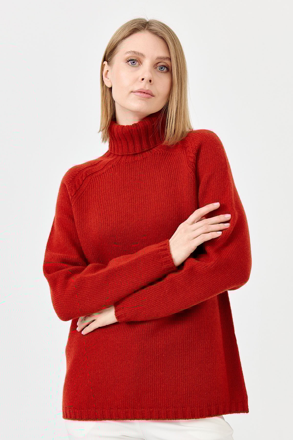 22097Kadın Tam Balıkçı Yaka Omzu Saç Örgülü Yün Kazak K.Kiremit