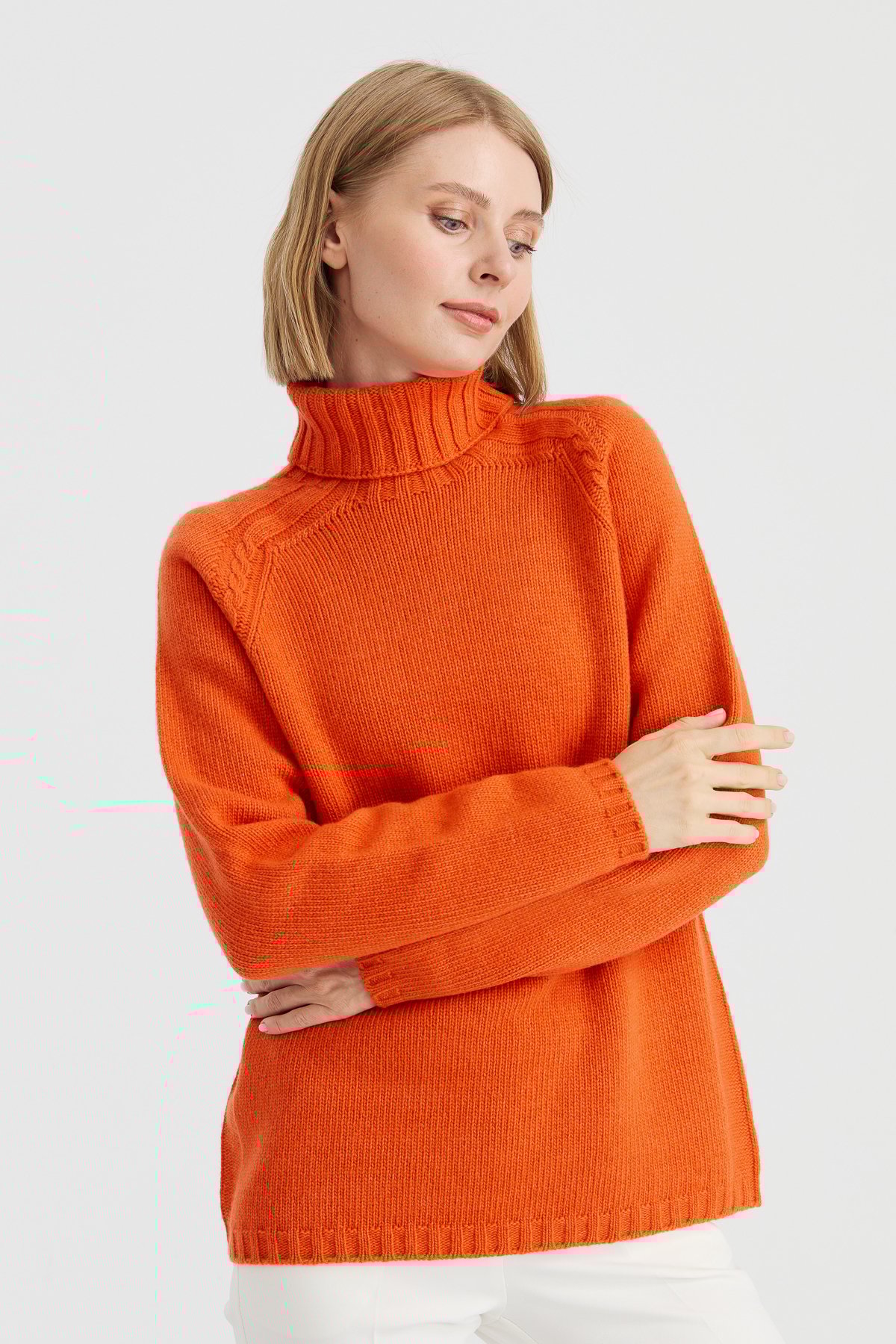 22097Kadın Tam Balıkçı Yaka Omzu Saç Örgülü Yün Kazak Portakal