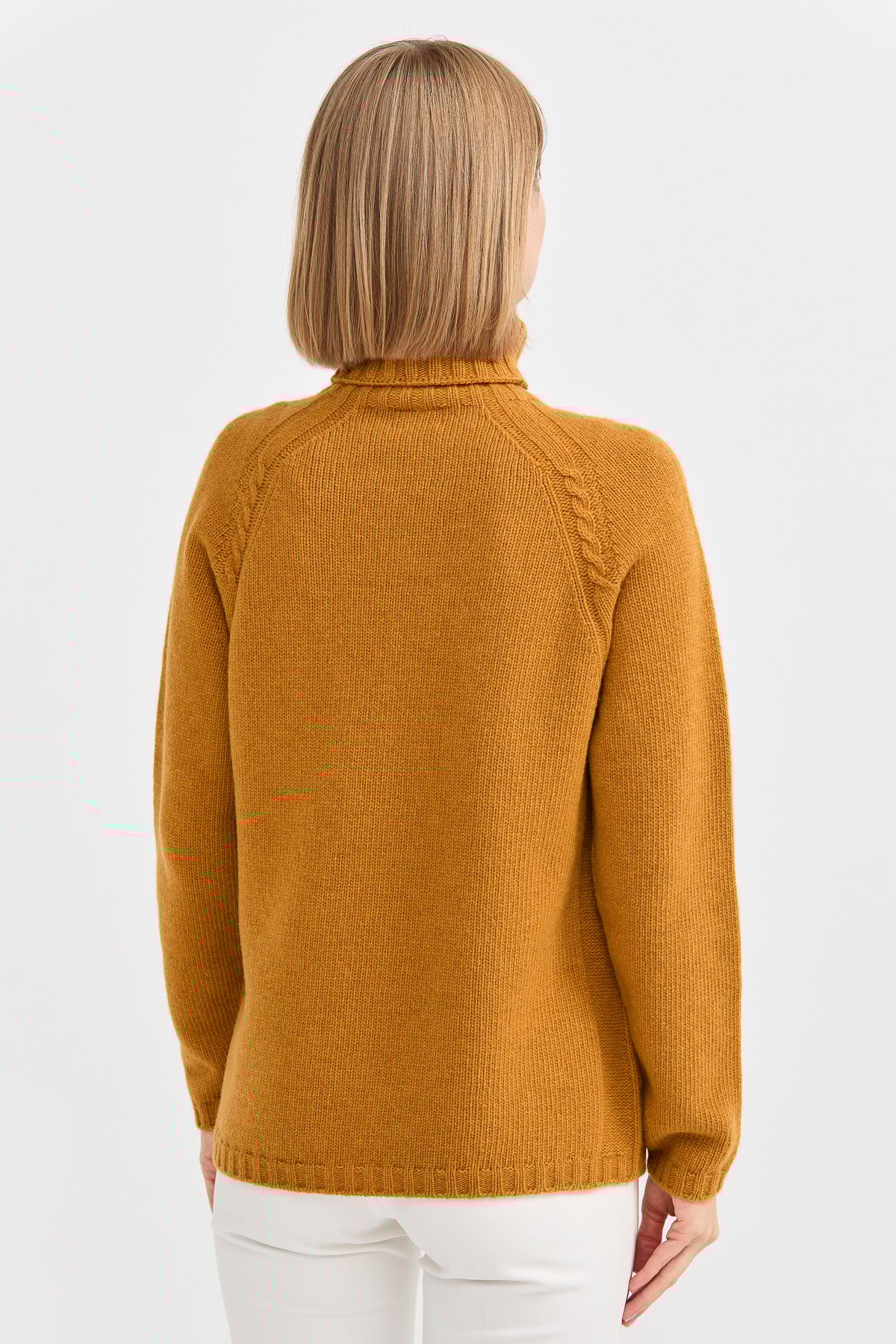 22097Kadın Tam Balıkçı Yaka Omzu Saç Örgülü Yün Kazak Hardal