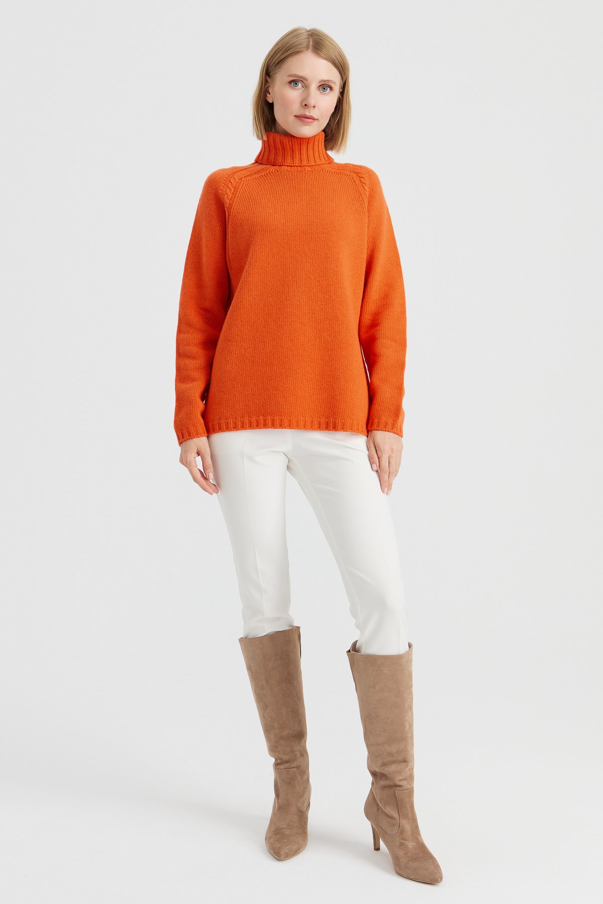 22097Kadın Tam Balıkçı Yaka Omzu Saç Örgülü Yün Kazak Portakal