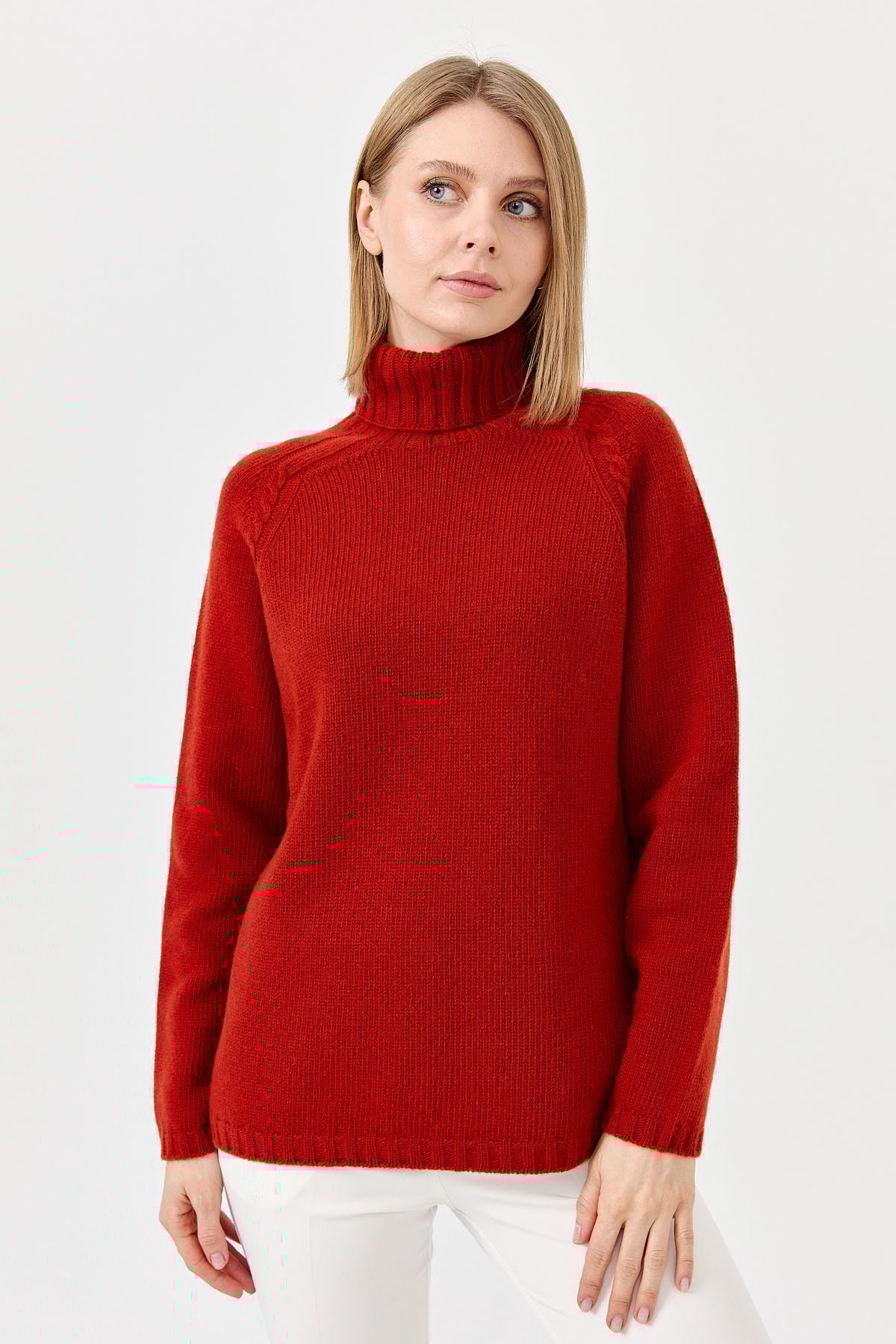 22097Kadın Tam Balıkçı Yaka Omzu Saç Örgülü Yün Kazak K.Kiremit