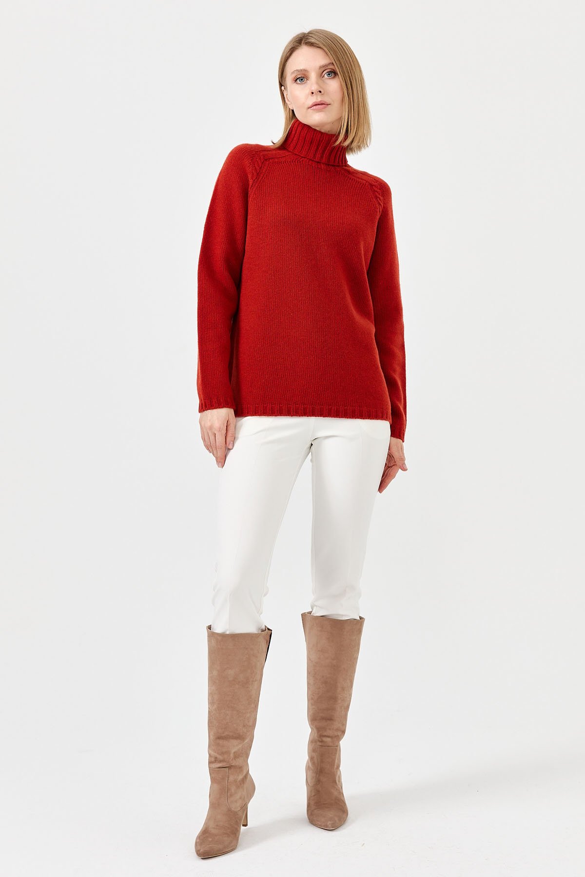 22097Kadın Tam Balıkçı Yaka Omzu Saç Örgülü Yün Kazak K.Kiremit