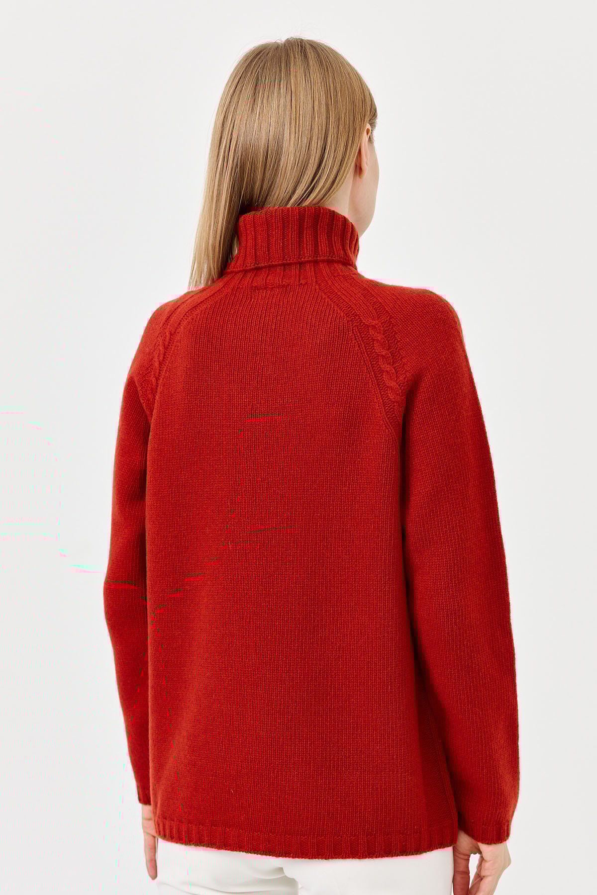 22097Kadın Tam Balıkçı Yaka Omzu Saç Örgülü Yün Kazak K.Kiremit