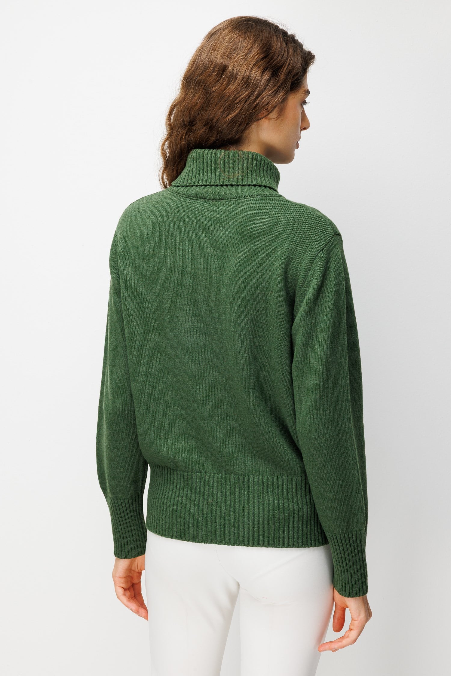 26090Kadın Tam Balıkçı Yaka Önü Baklava Desenli Yün Kazak K.Yosun