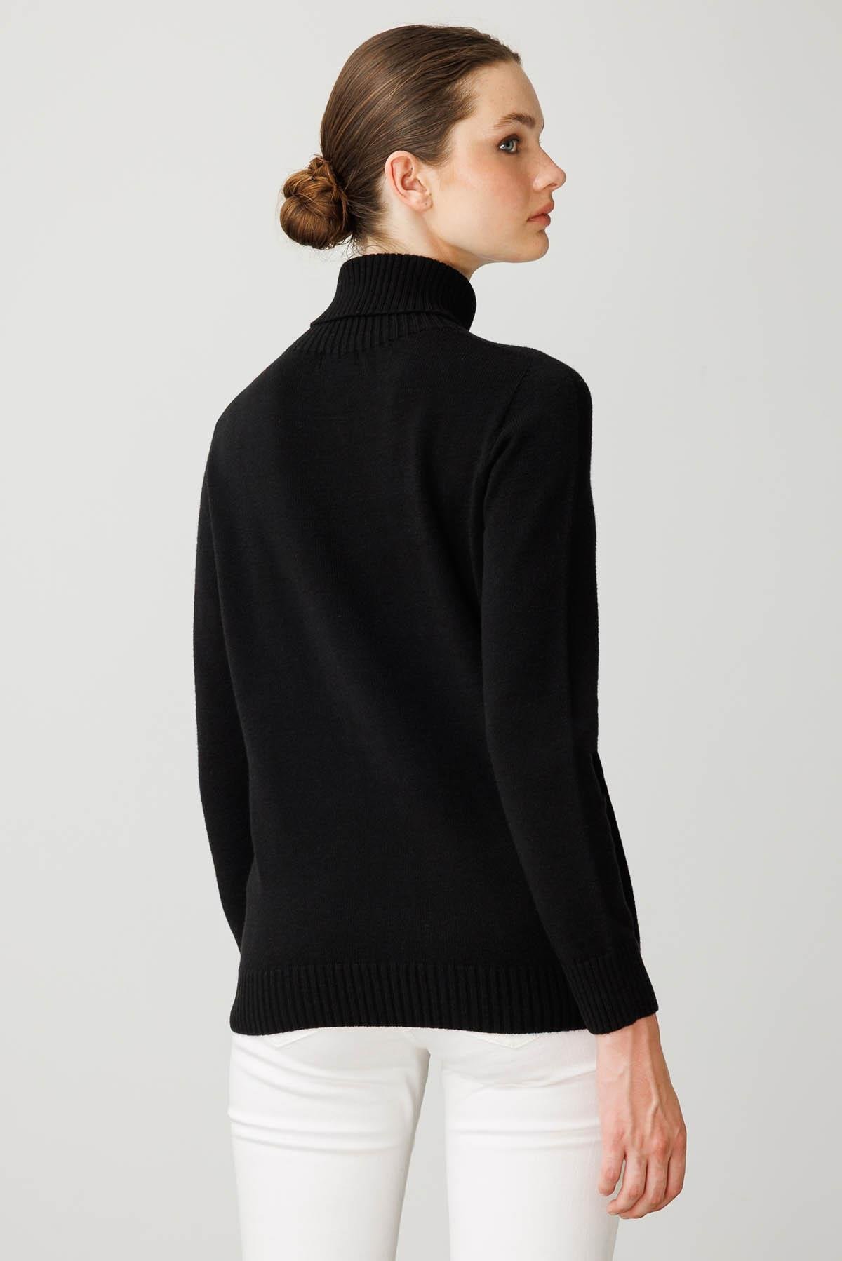 25209Kadın Tam Balıkçı Yaka Önü Baklava İşlemeli Kazak Siyah