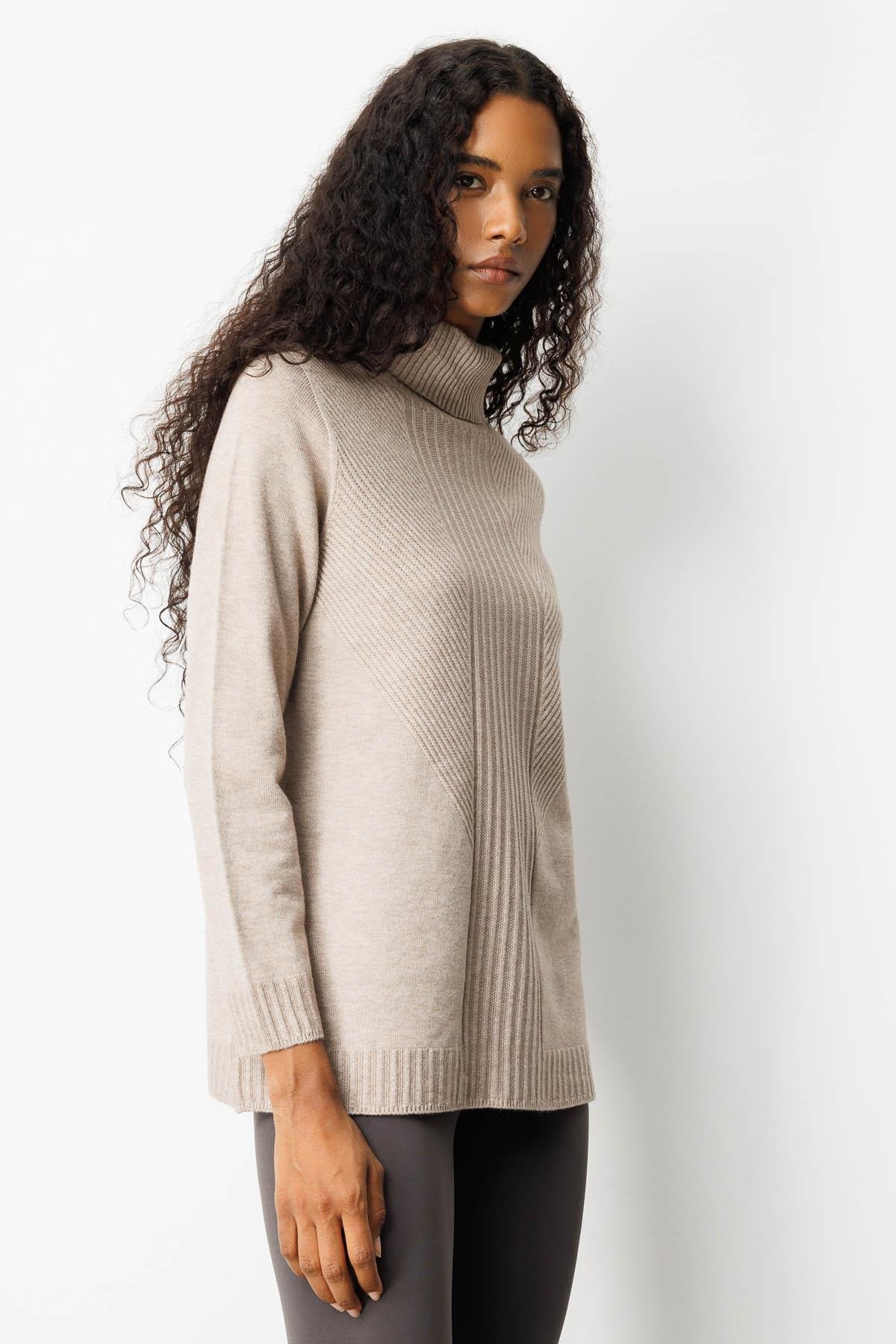 25251Kadın Tam Balıkçı Yaka Önü Uzun Çizgili Bluz Vizon